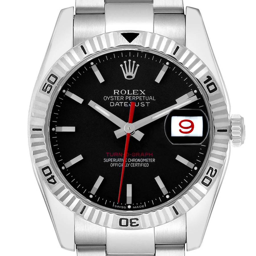 The Rolex Turn-o-Graph 116264 Men's Stainless Steel Black Dial watch is shown from the front, highlighting the bezel, dial, hands, and date magnifier.