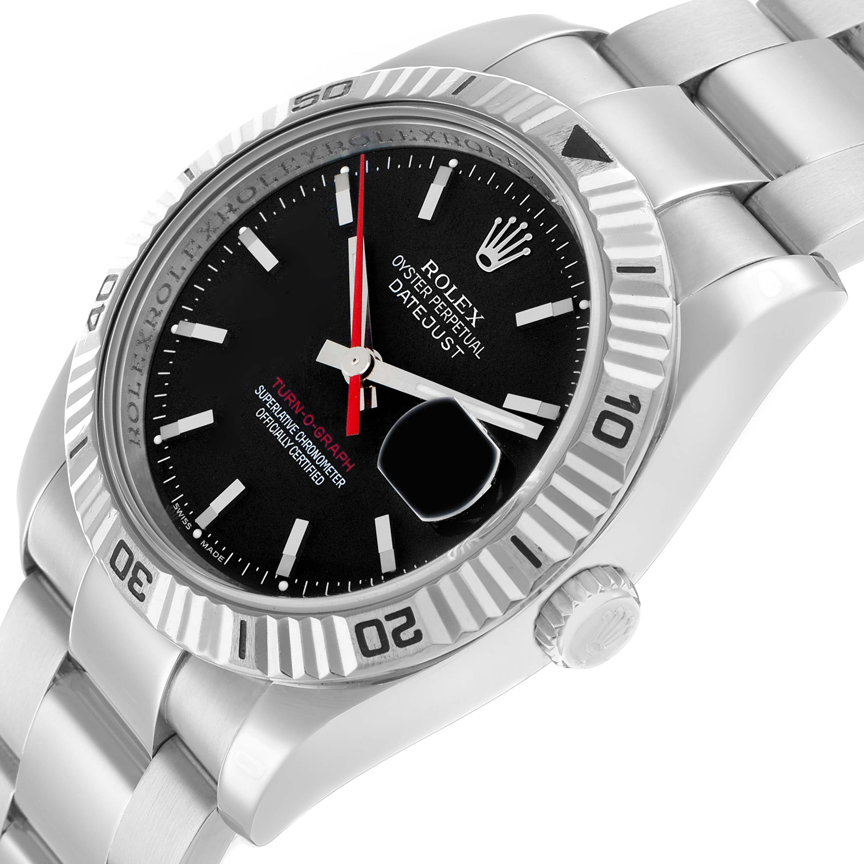 The Rolex Turn-o-Graph 116264 Men
s Stainless Steel Black Dial watch is shown at an angled top view, displaying the dial, bezel, and part of the bracelet.