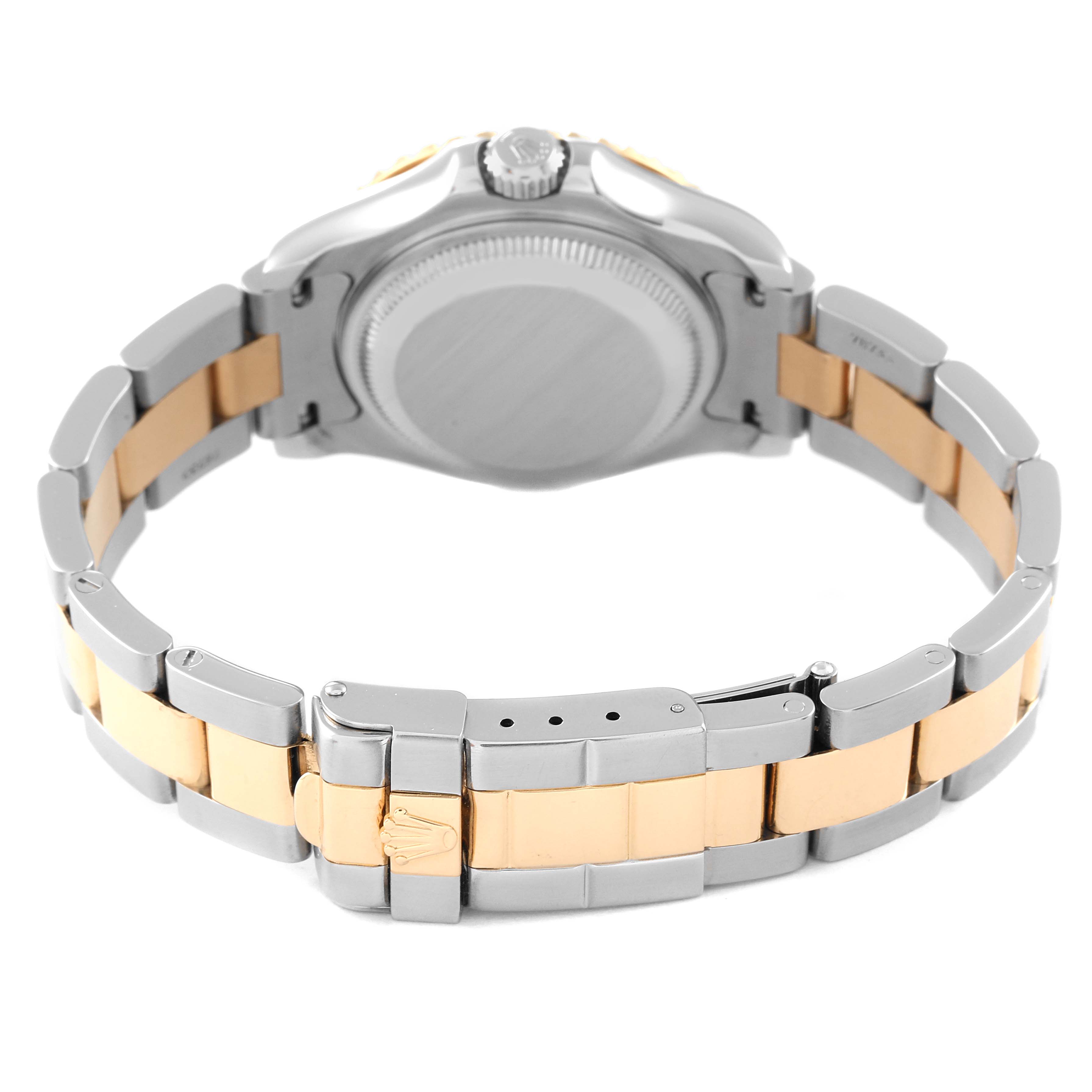 The image shows the clasp and back casing of a Rolex Yacht-Master 69623 Women's Steel and Gold (two tone) White Dial 69623 Women's Steel and Gold (two tone) White Dial watch from a rear angle.