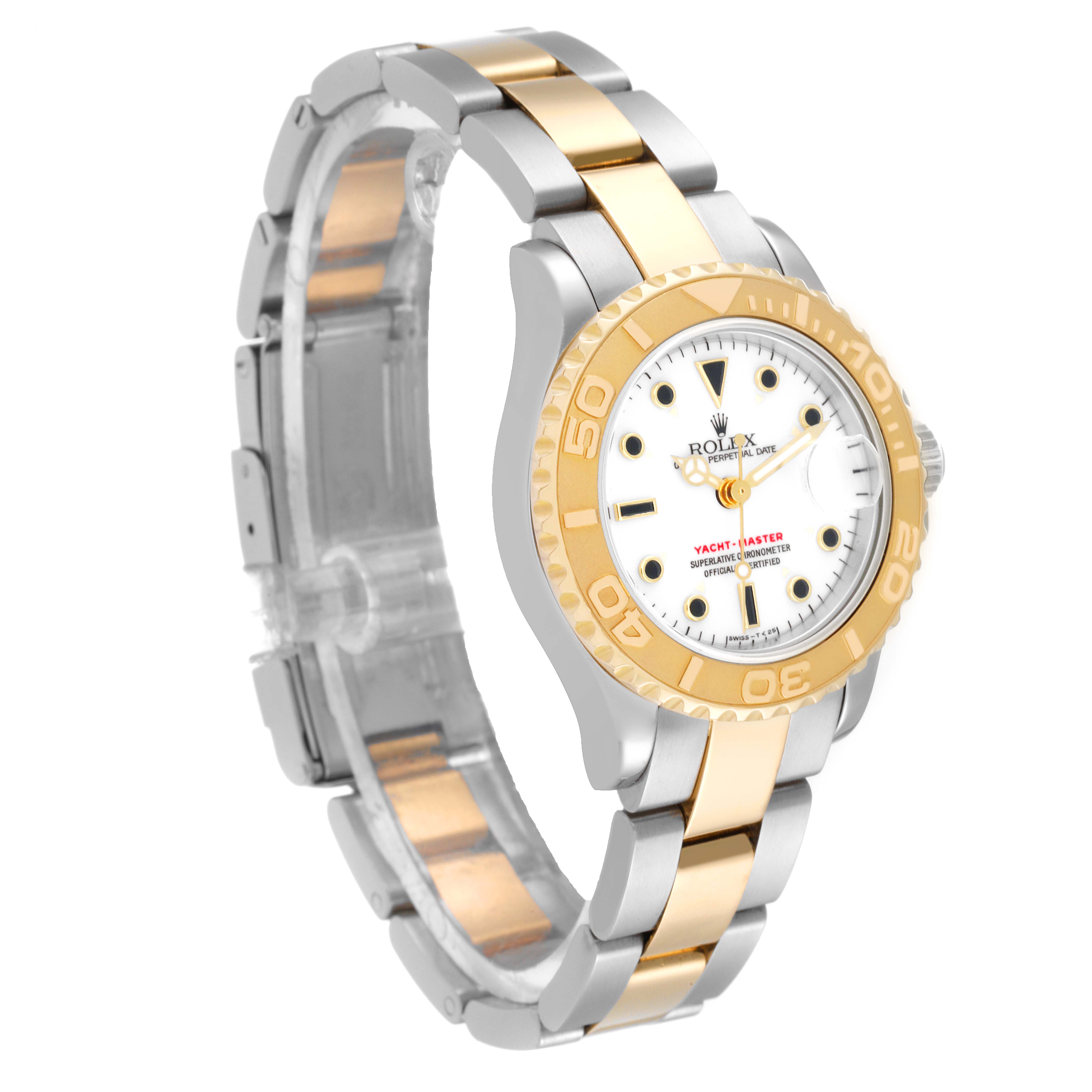 The Rolex Yacht-Master 69623 Women's Steel and Gold (two tone) White Dial 69623 Women's Steel and Gold (two tone) White Dial watch is shown at a three-quarter angle, displaying its bracelet, bezel, and dial.