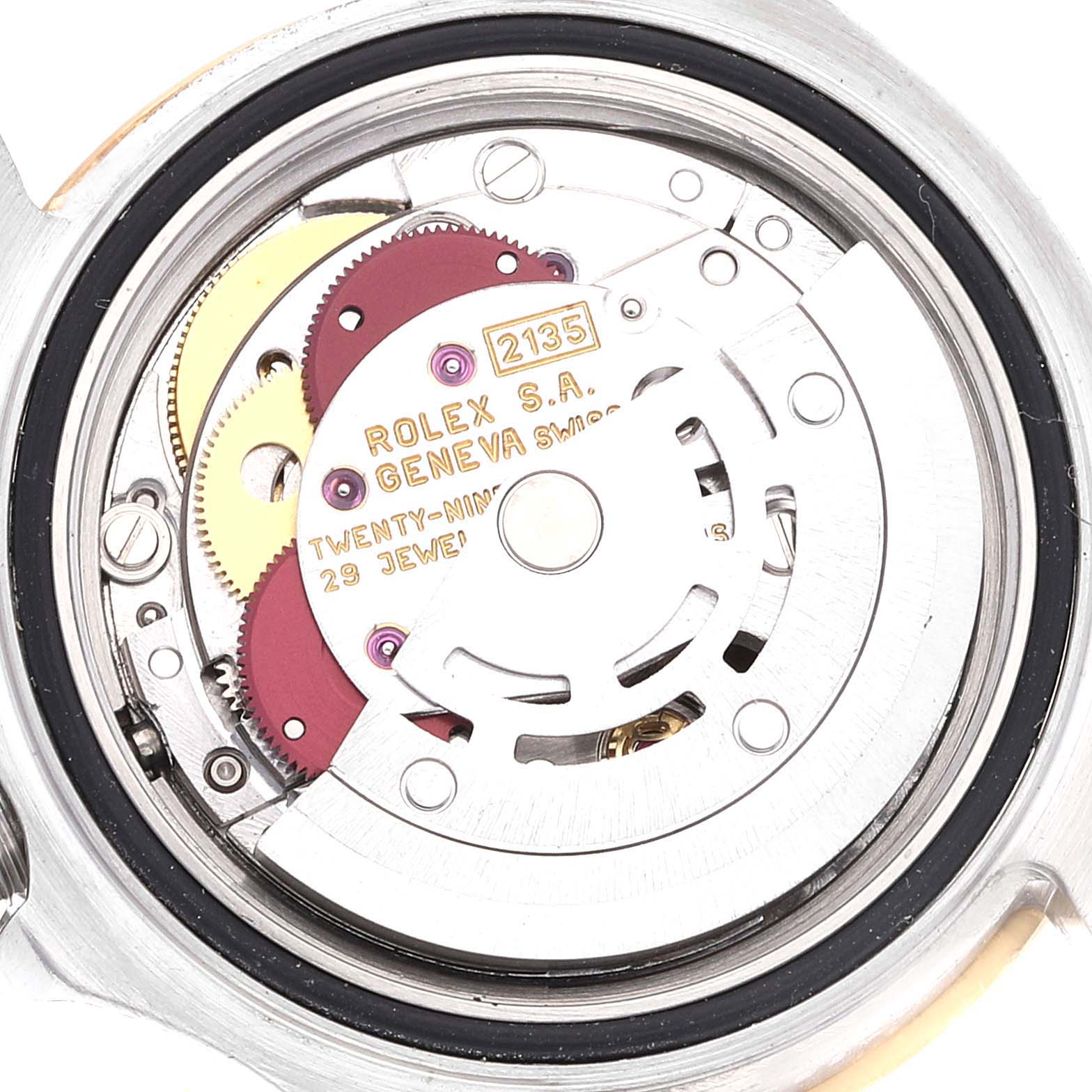This image shows the inside mechanism and movement parts of a Rolex Yacht-Master 69623 Women's Steel and Gold (two tone) White Dial 69623 Women's Steel and Gold (two tone) White Dial watch from a top-down perspective.