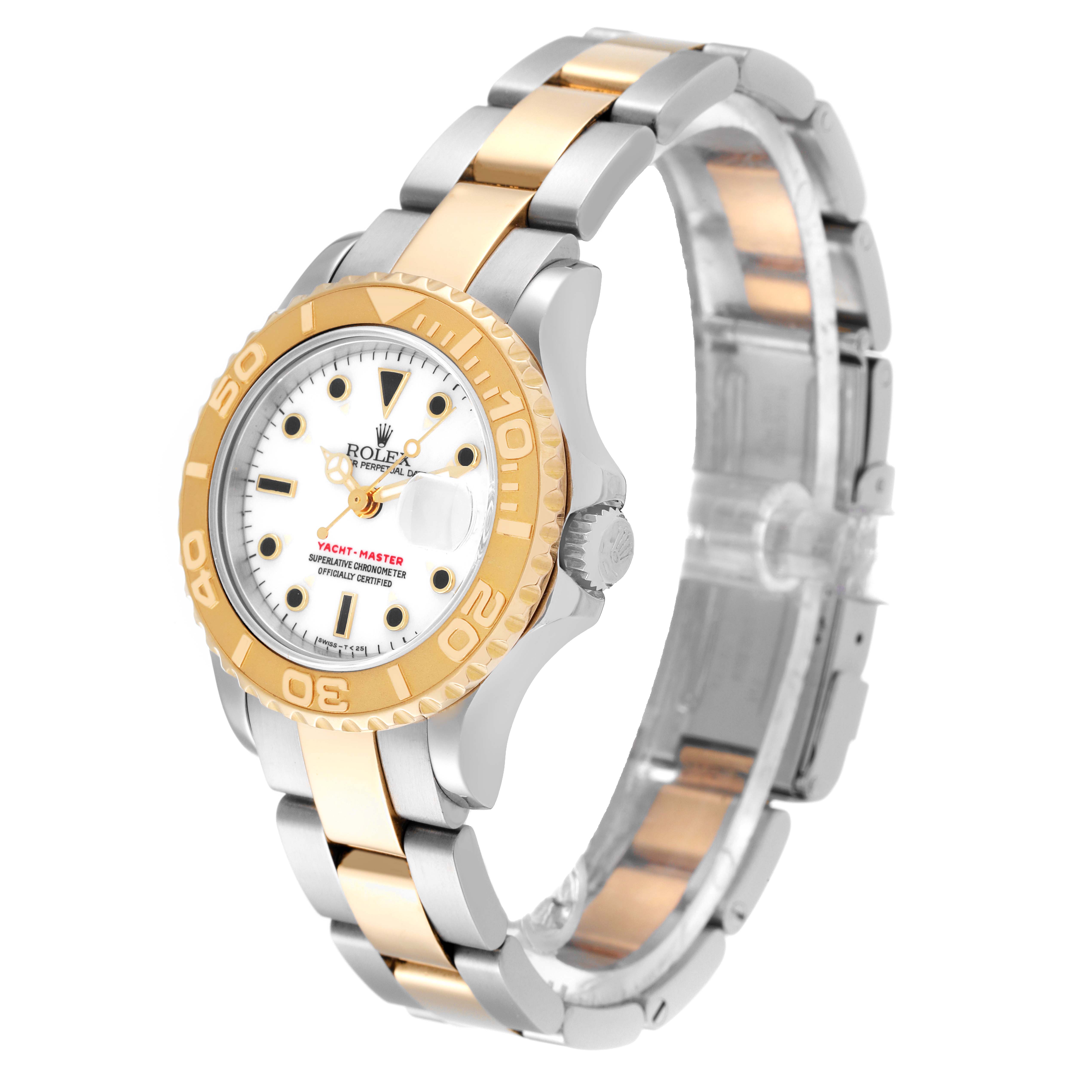 The image shows a side angle of a Rolex Yacht-Master 69623 Women's Steel and Gold (two tone) White Dial 69623 Women's Steel and Gold (two tone) White Dial watch, highlighting its two-tone bracelet, bezel, and face.