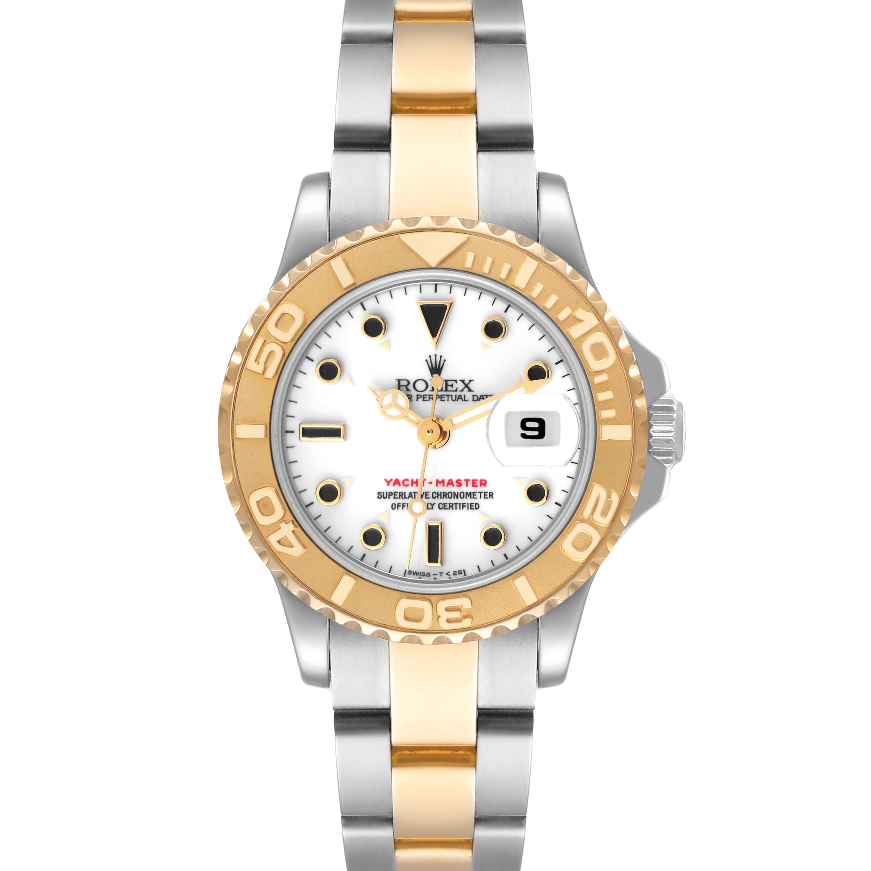 The Rolex Yacht-Master 69623 Women's Steel and Gold (two tone) White Dial 69623 Women's Steel and Gold (two tone) White Dial watch is shown from a top-down angle, highlighting its face, bezel, and two-toned bracelet.