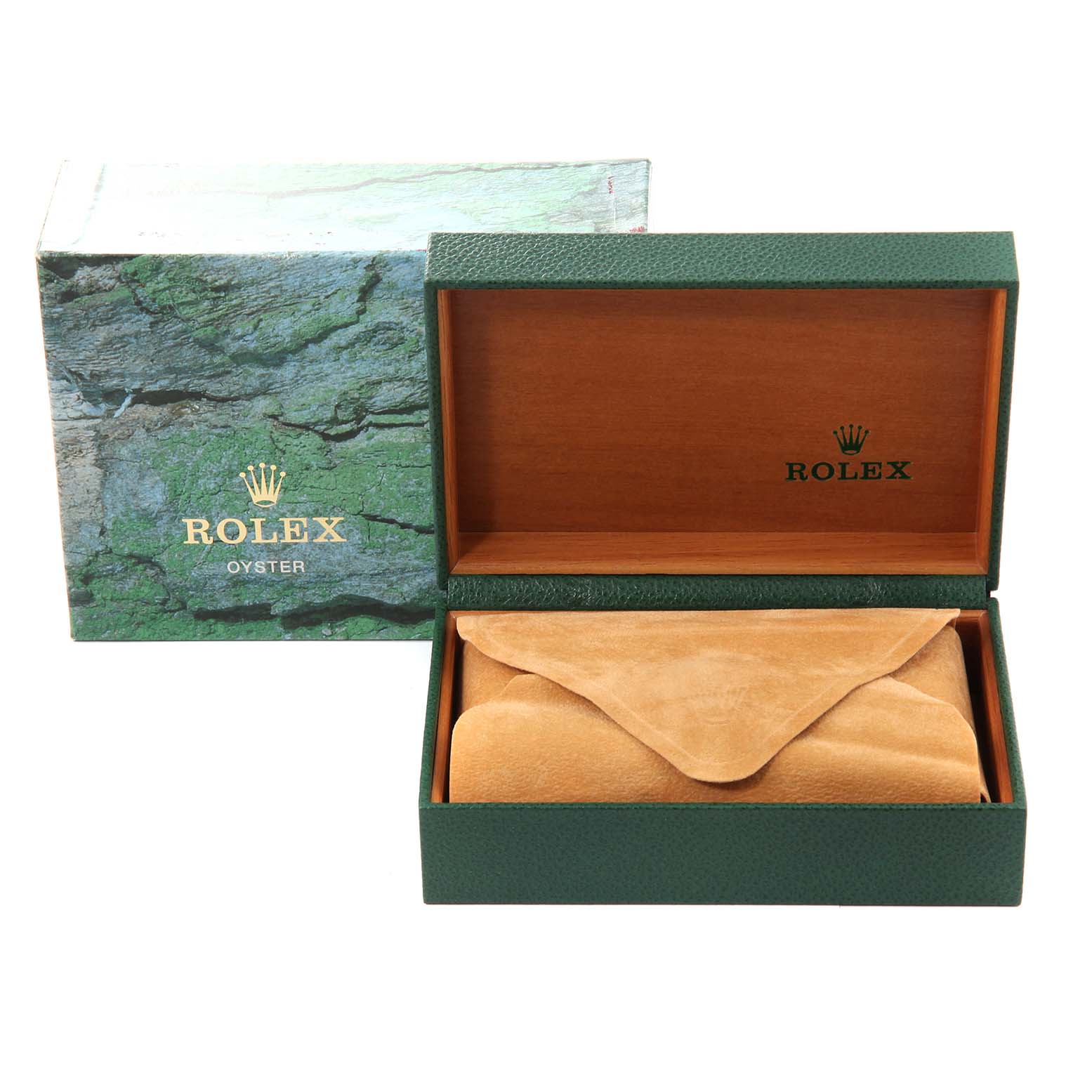 The image shows an open Rolex Yacht-Master 69623 Women's Steel and Gold (two tone) White Dial 69623 Women's Steel and Gold (two tone) White Dial box and an outer green and textured Rolex Oyster case.