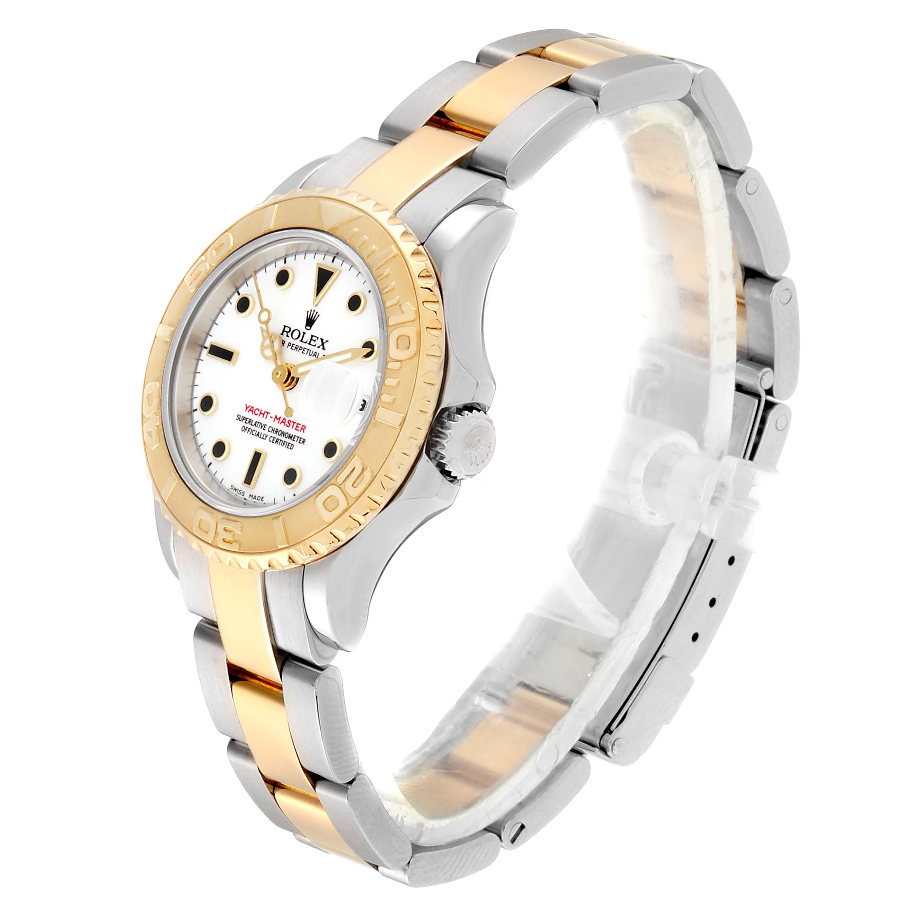 This image shows an angled view of the Rolex Yacht-Master 169623 Women's Steel and Gold (two tone) White Dial 169623 Women's Steel and Gold (two tone) White Dial watch, highlighting its bezel, dial, and two-tone bracelet.