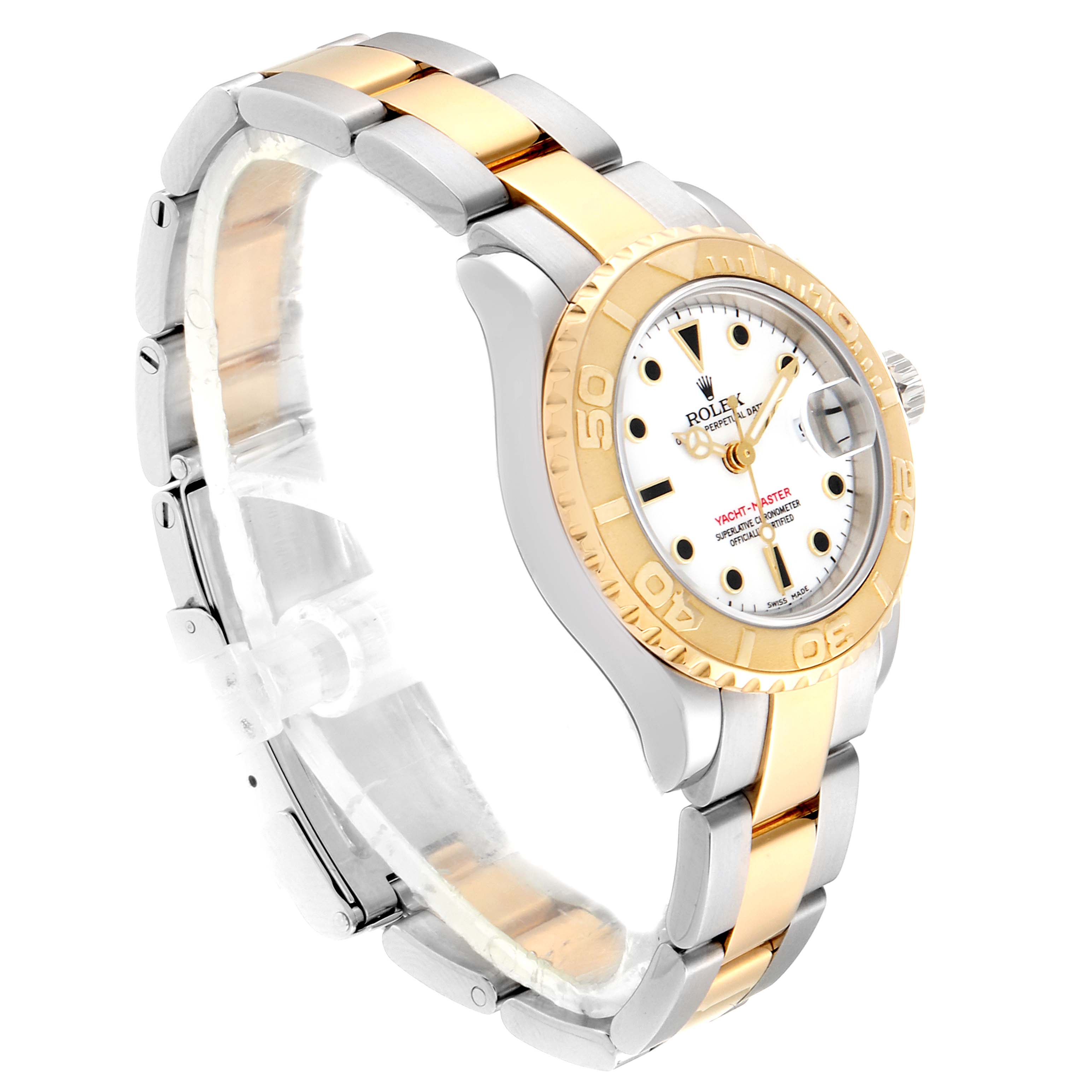 The Rolex Yacht-Master 169623 Women's Steel and Gold (two tone) White Dial 169623 Women's Steel and Gold (two tone) White Dial watch is shown at an angle displaying the dial, bezel, and bracelet with a mix of gold and silver tones.
