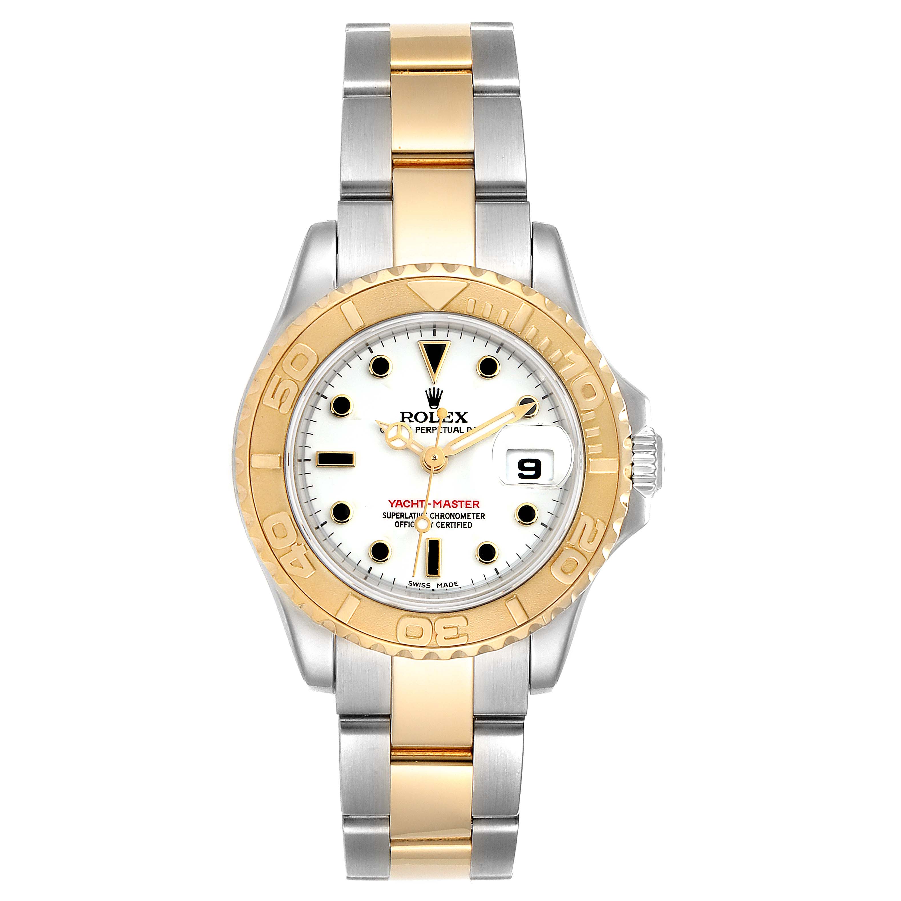 The image shows a front view of a Rolex Yacht-Master 169623 Women's Steel and Gold (two tone) White Dial 169623 Women's Steel and Gold (two tone) White Dial watch, featuring a bi-tone bracelet and gold bezel.