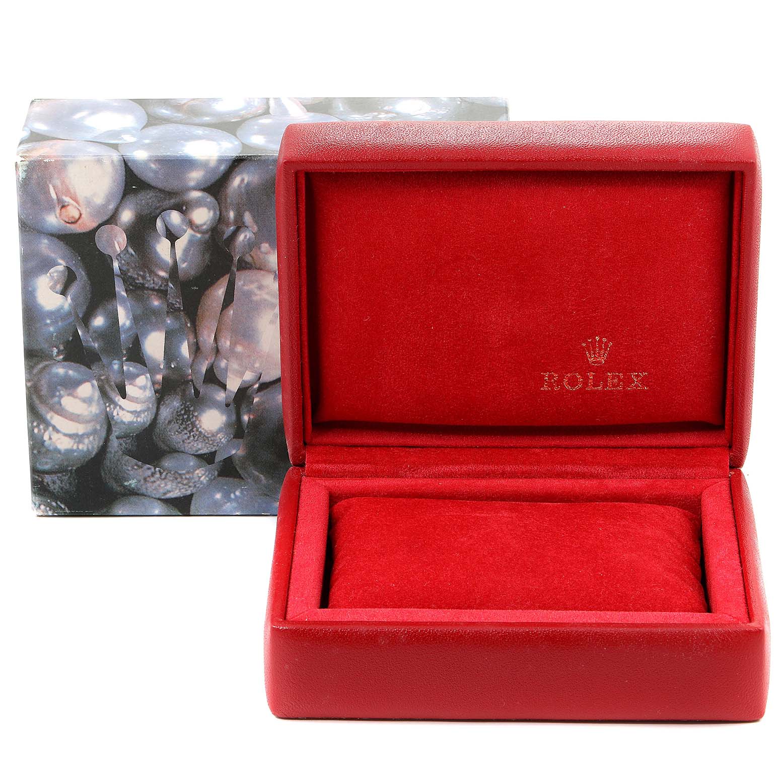 The image shows a red Rolex watch case and an outer box for the Yacht-Master model.