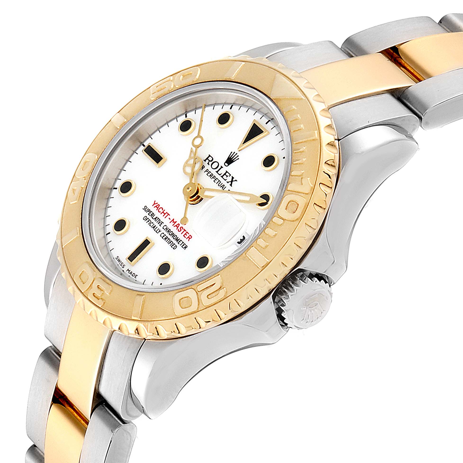 The image shows a Rolex Yacht-Master 169623 Women's Steel and Gold (two tone) White Dial 169623 Women's Steel and Gold (two tone) White Dial watch at an angled view, highlighting the crown, bezel, dial, and bracelet.
