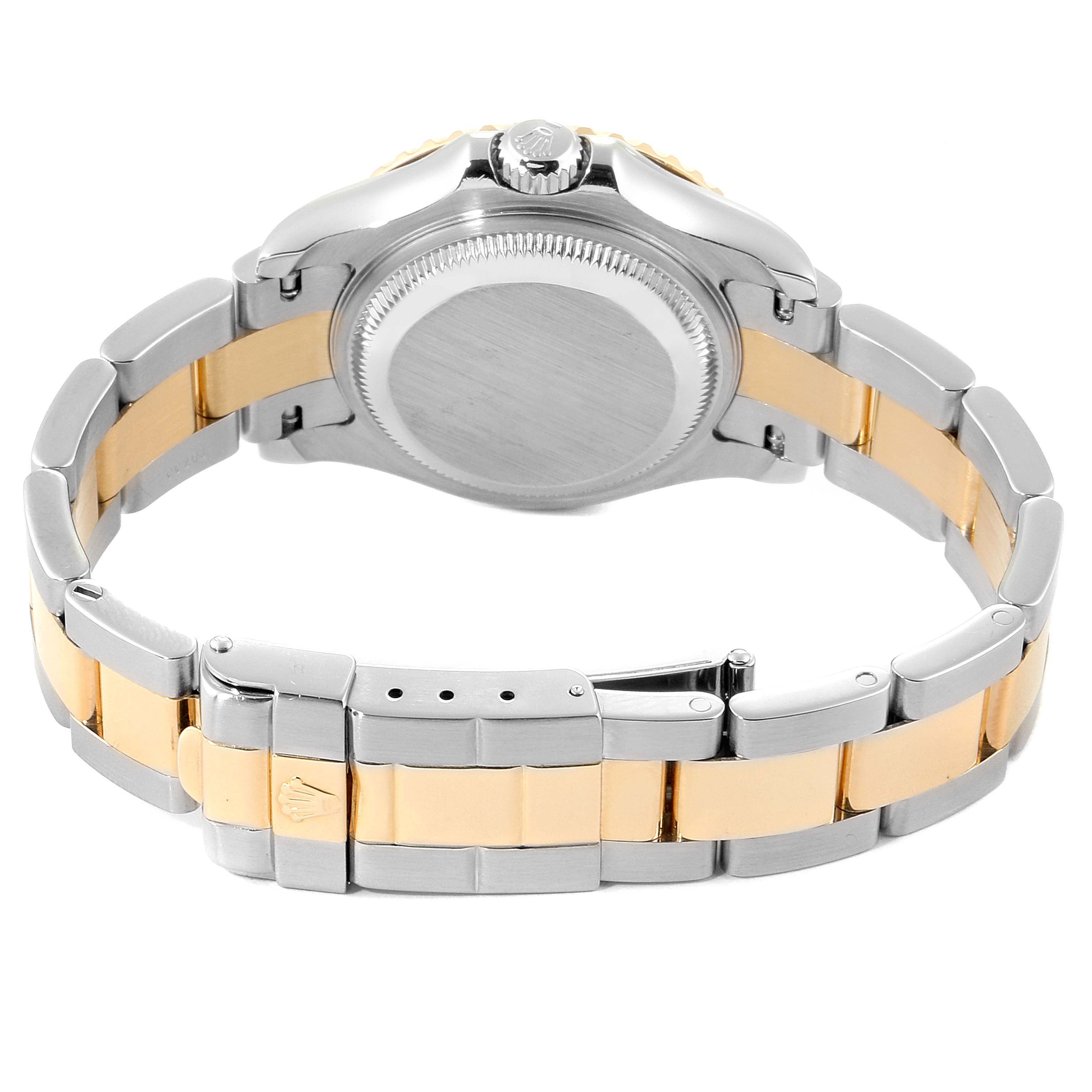 The image shows the backside of a Rolex Yacht-Master 169623 Women's Steel and Gold (two tone) White Dial 169623 Women's Steel and Gold (two tone) White Dial watch, highlighting the case back and two-tone bracelet.
