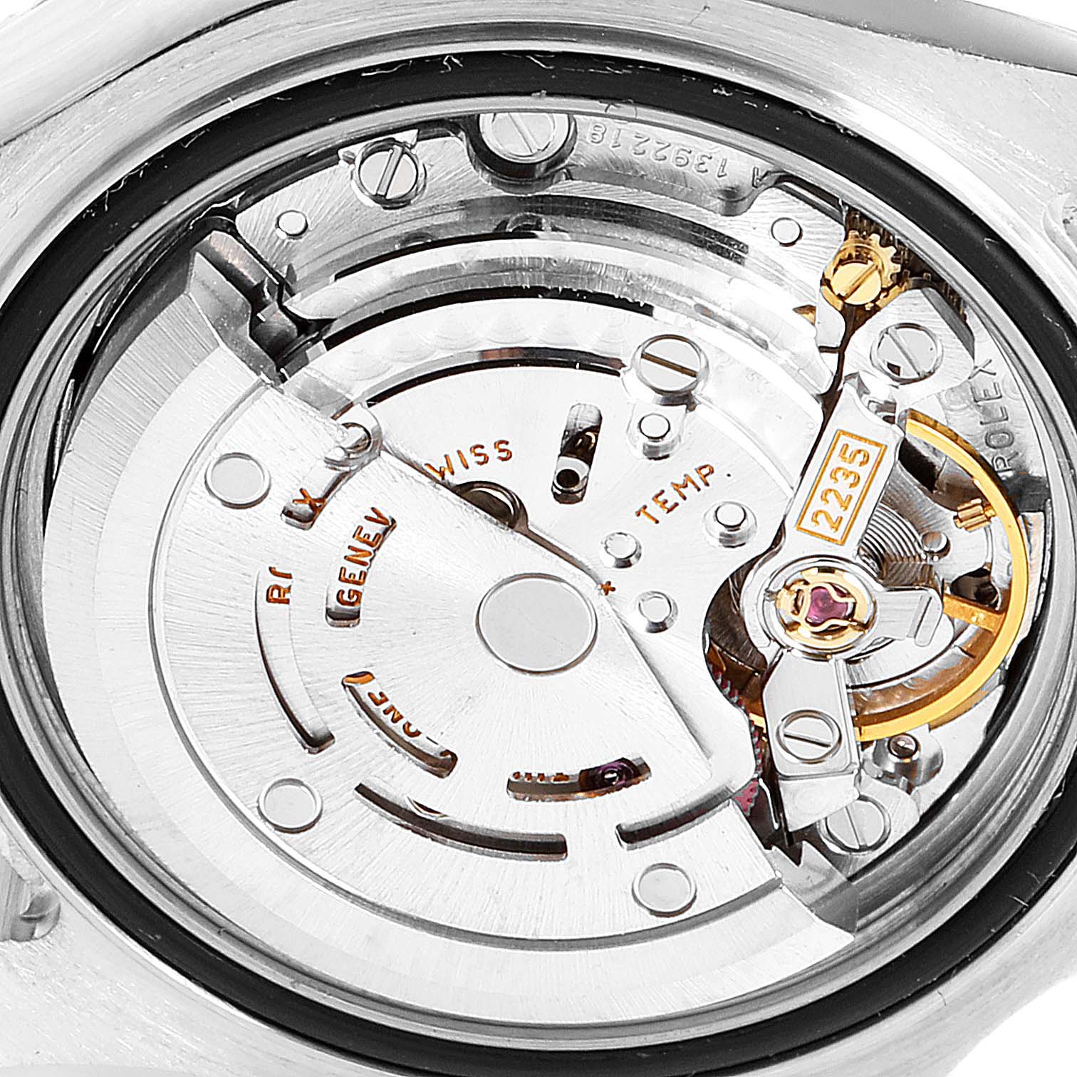 This close-up shows the intricate inner mechanism of the Rolex Yacht-Master 169623 Women's Steel and Gold (two tone) White Dial 169623 Women's Steel and Gold (two tone) White Dial watch movement.