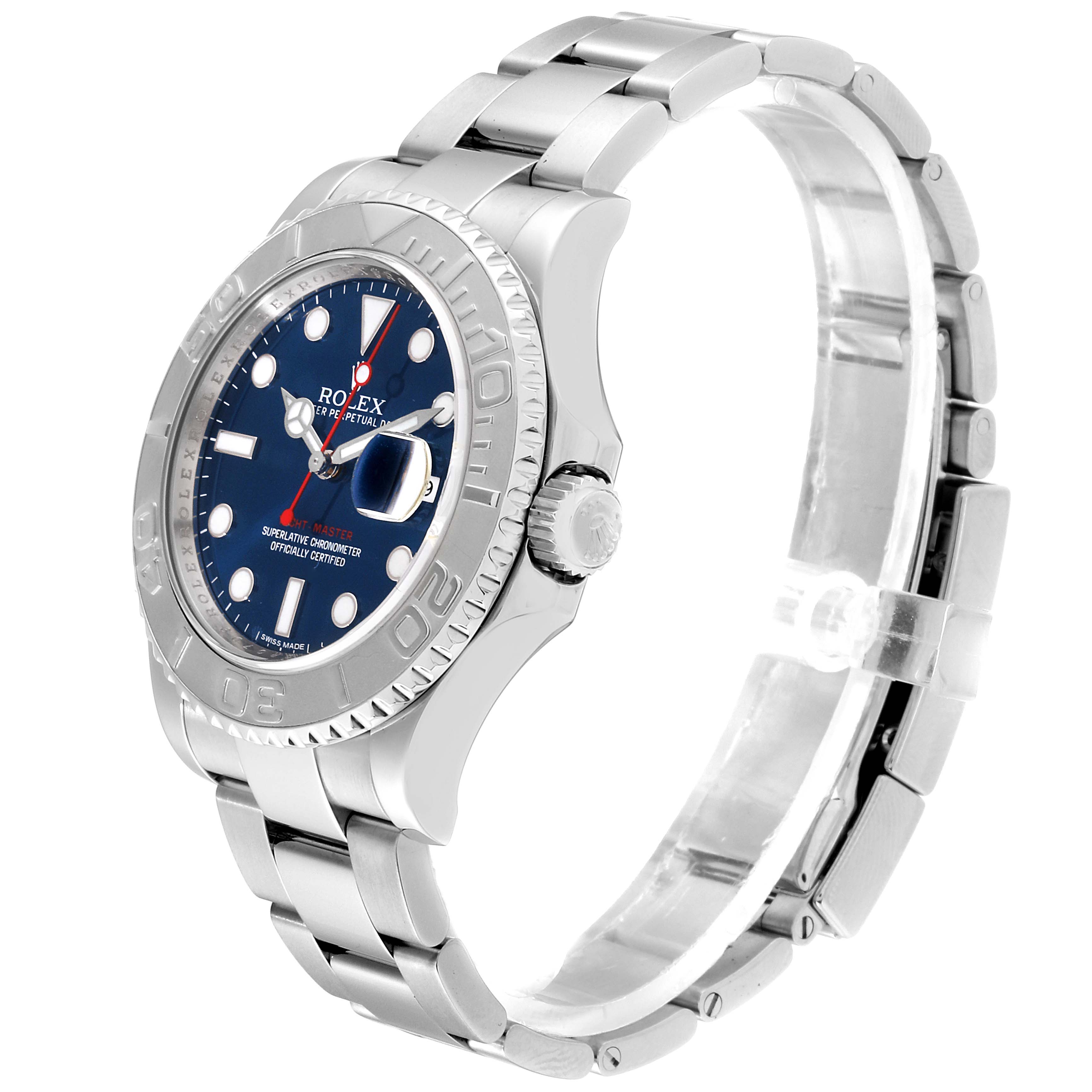 The Rolex Yacht-Master 116622 Men's Stainless Steel Blue Dial 116622 Men's Stainless Steel Blue Dial watch is shown at a 3/4 angle, displaying its face, bezel, crown, and part of the bracelet.