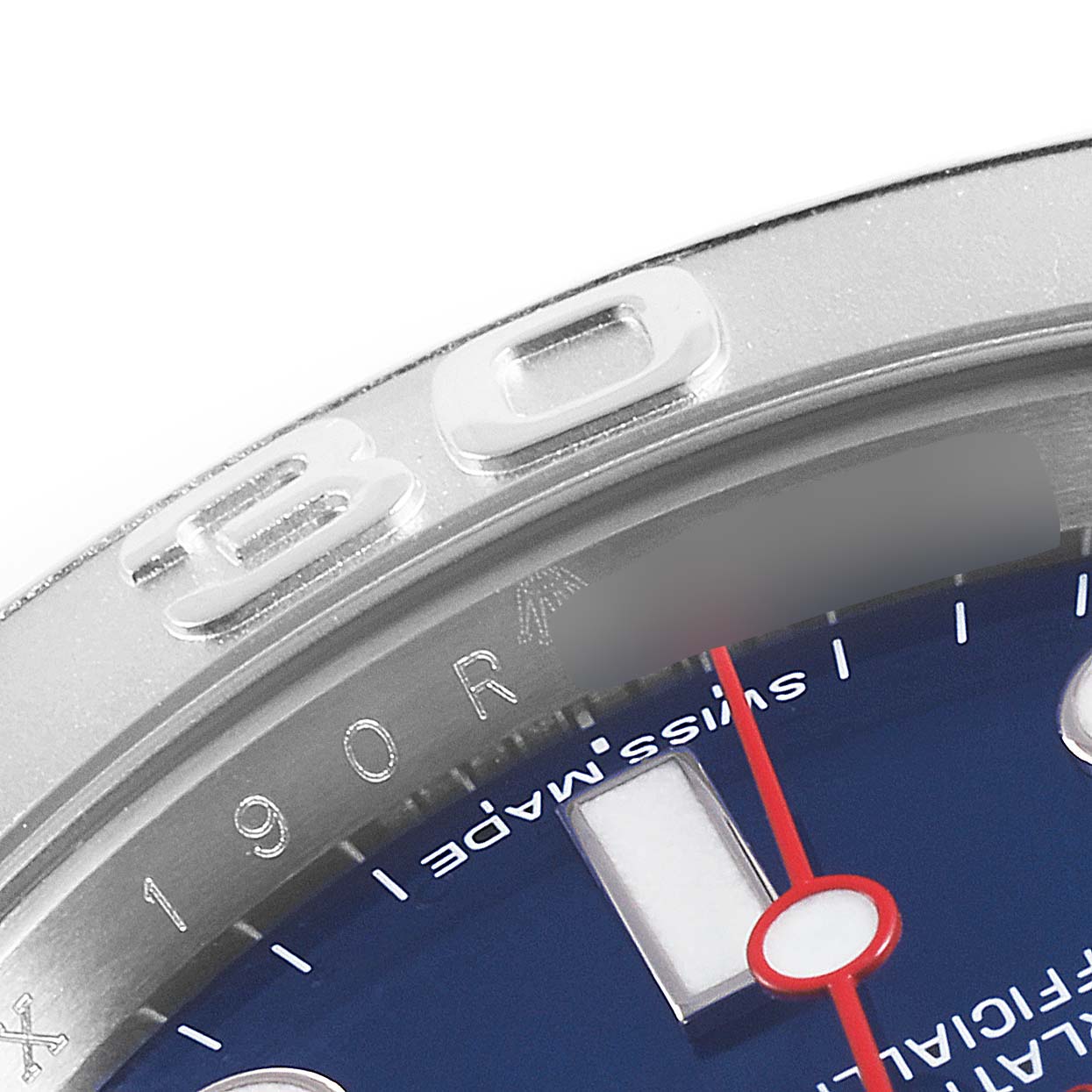 The image shows a close-up of the bezel and dial of a Rolex Yacht-Master 116622 Men's Stainless Steel Blue Dial 116622 Men's Stainless Steel Blue Dial watch, showcasing part of the numbering and markers.