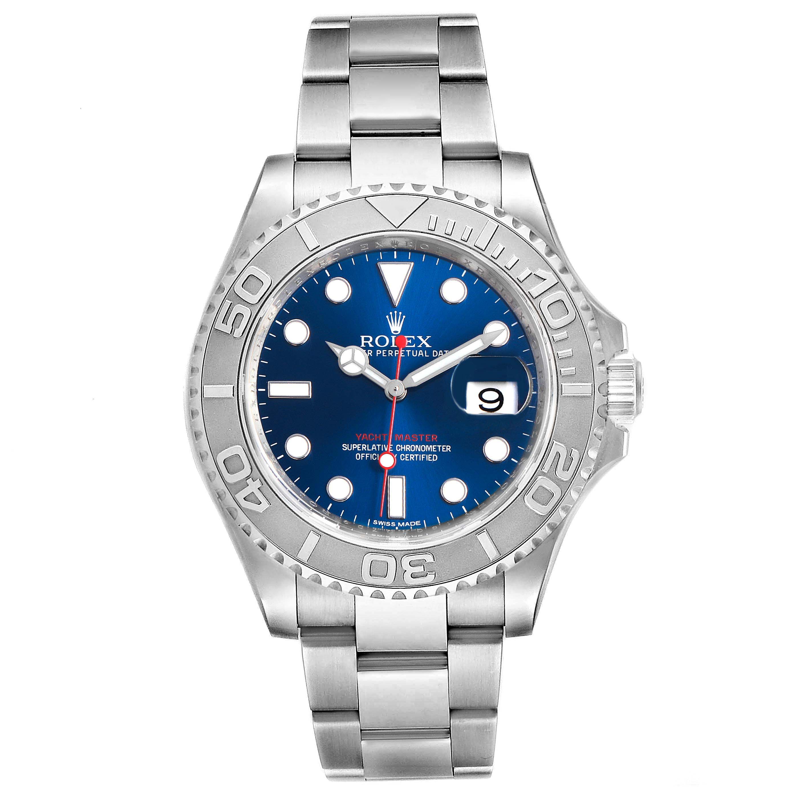 The image shows a front view of a Rolex Yacht-Master 116622 Men's Stainless Steel Blue Dial 116622 Men's Stainless Steel Blue Dial watch, highlighting the face, bezel, and bracelet.