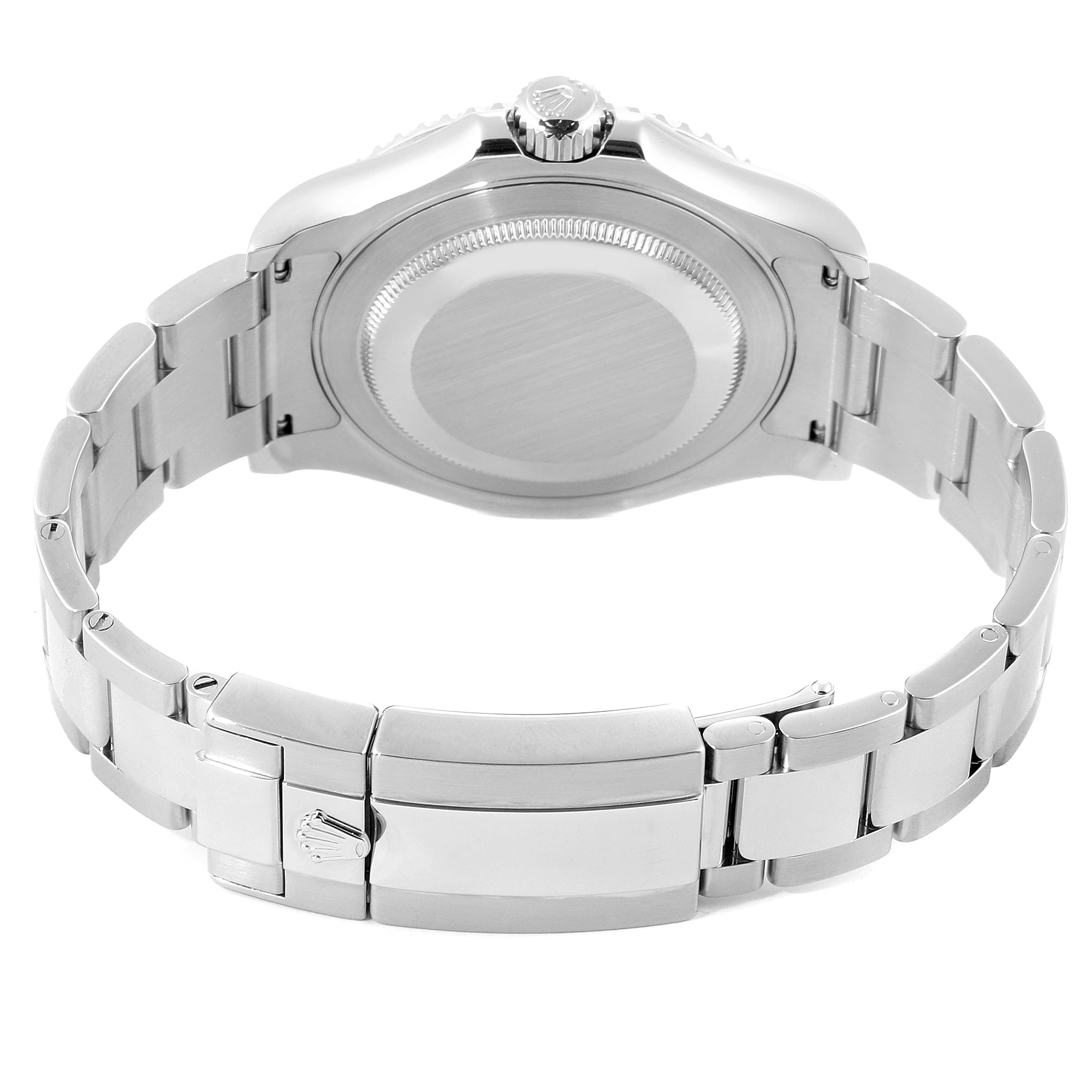 The image shows the underside of a Rolex Yacht-Master 116622 Men's Stainless Steel Blue Dial 116622 Men's Stainless Steel Blue Dial watch, featuring the bracelet, clasp, and case back.