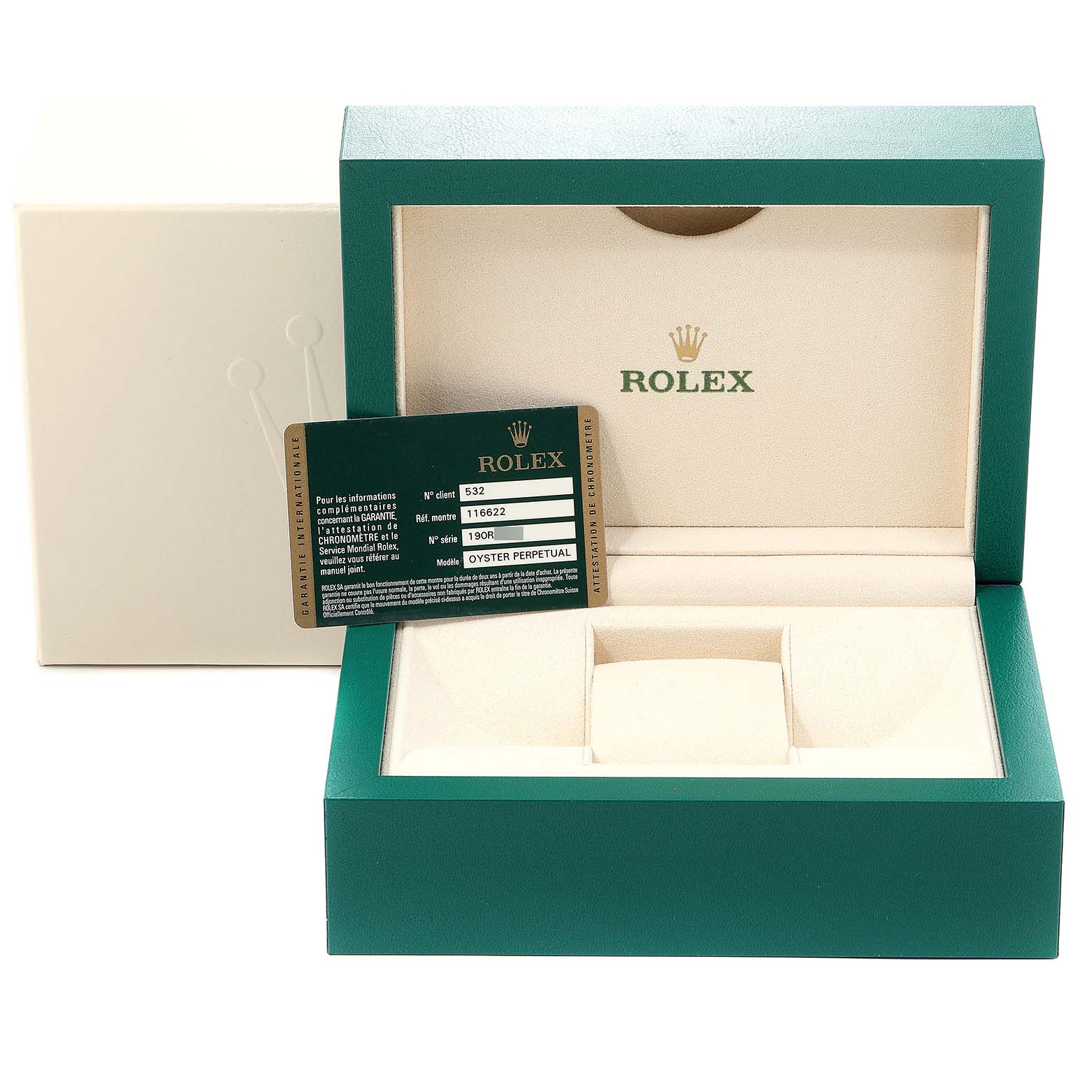 The image shows the open box and warranty card of a Rolex Yacht-Master 116622 Men's Stainless Steel Blue Dial 116622 Men's Stainless Steel Blue Dial watch, displaying the interior and card details.