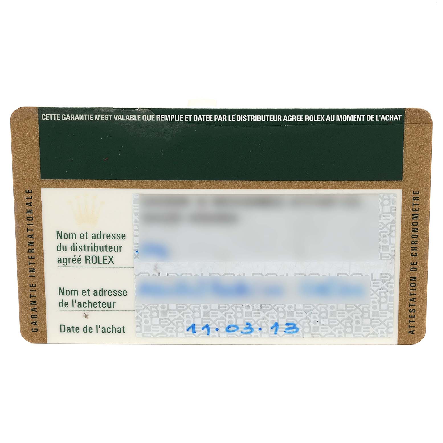 This image displays a Rolex warranty card for a Yacht-Master model, showing purchase date and distributor information.