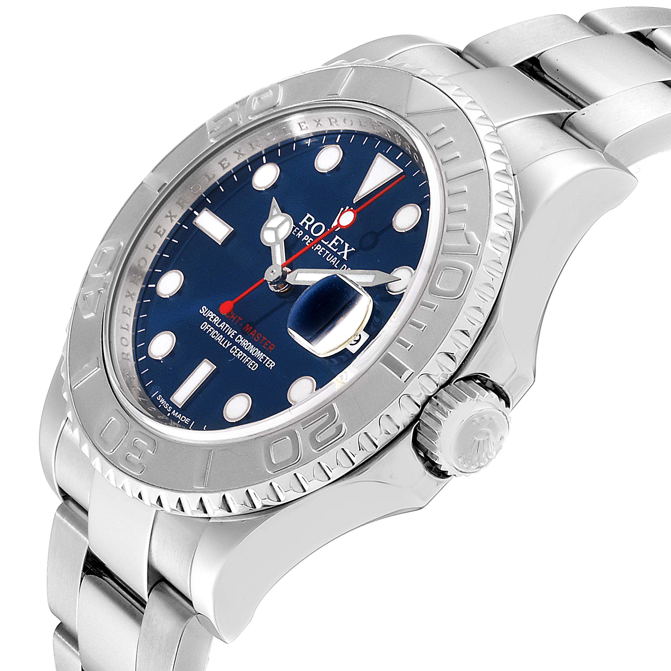 The image shows a side angle of the Rolex Yacht-Master 116622 Men's Stainless Steel Blue Dial 116622 Men's Stainless Steel Blue Dial watch, highlighting the face, bezel, crown, and stainless steel bracelet.