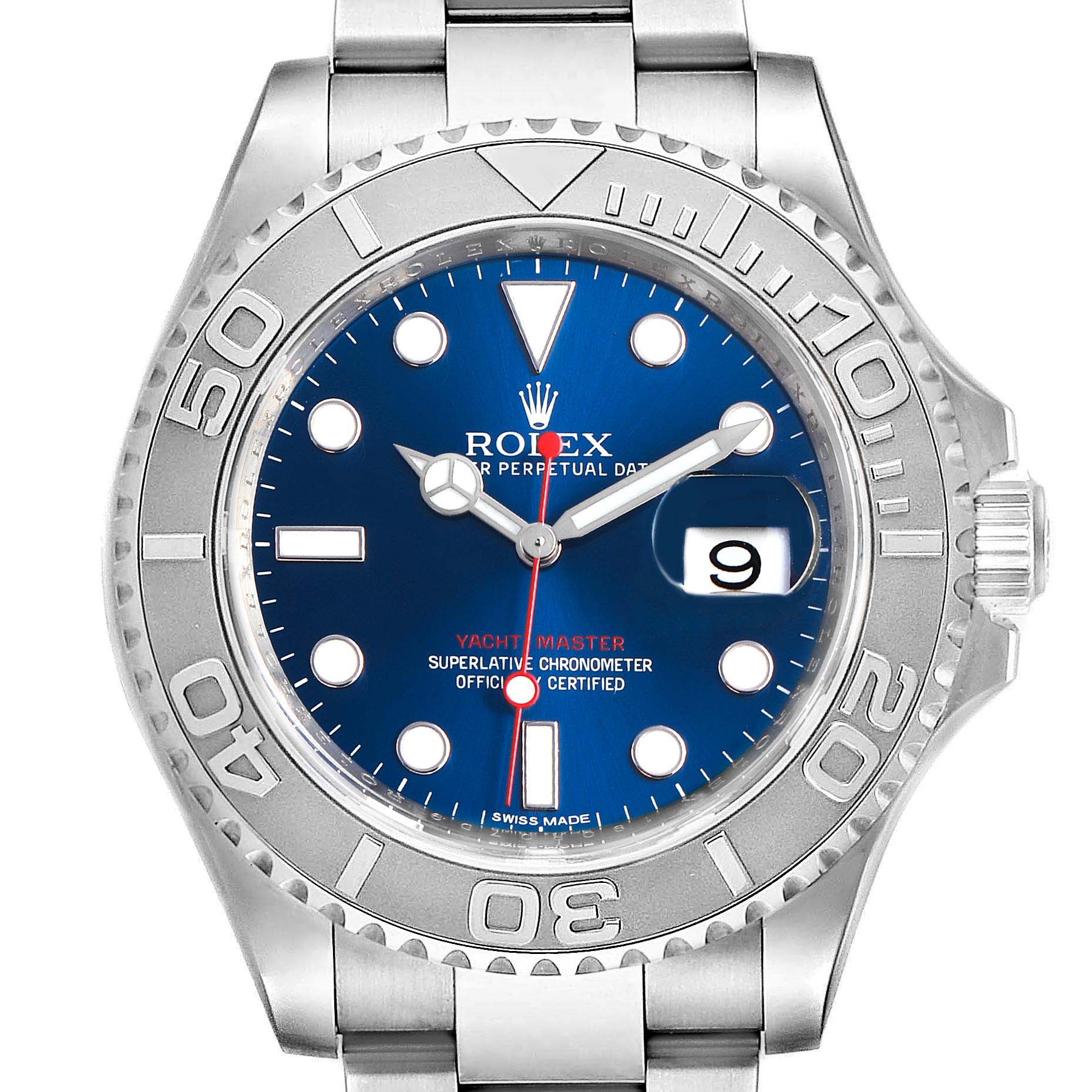 The image shows a close-up, front-facing view of the Rolex Yacht-Master 116622 Men's Stainless Steel Blue Dial 116622 Men's Stainless Steel Blue Dial watch, highlighting its dial, bezel, and bracelet.