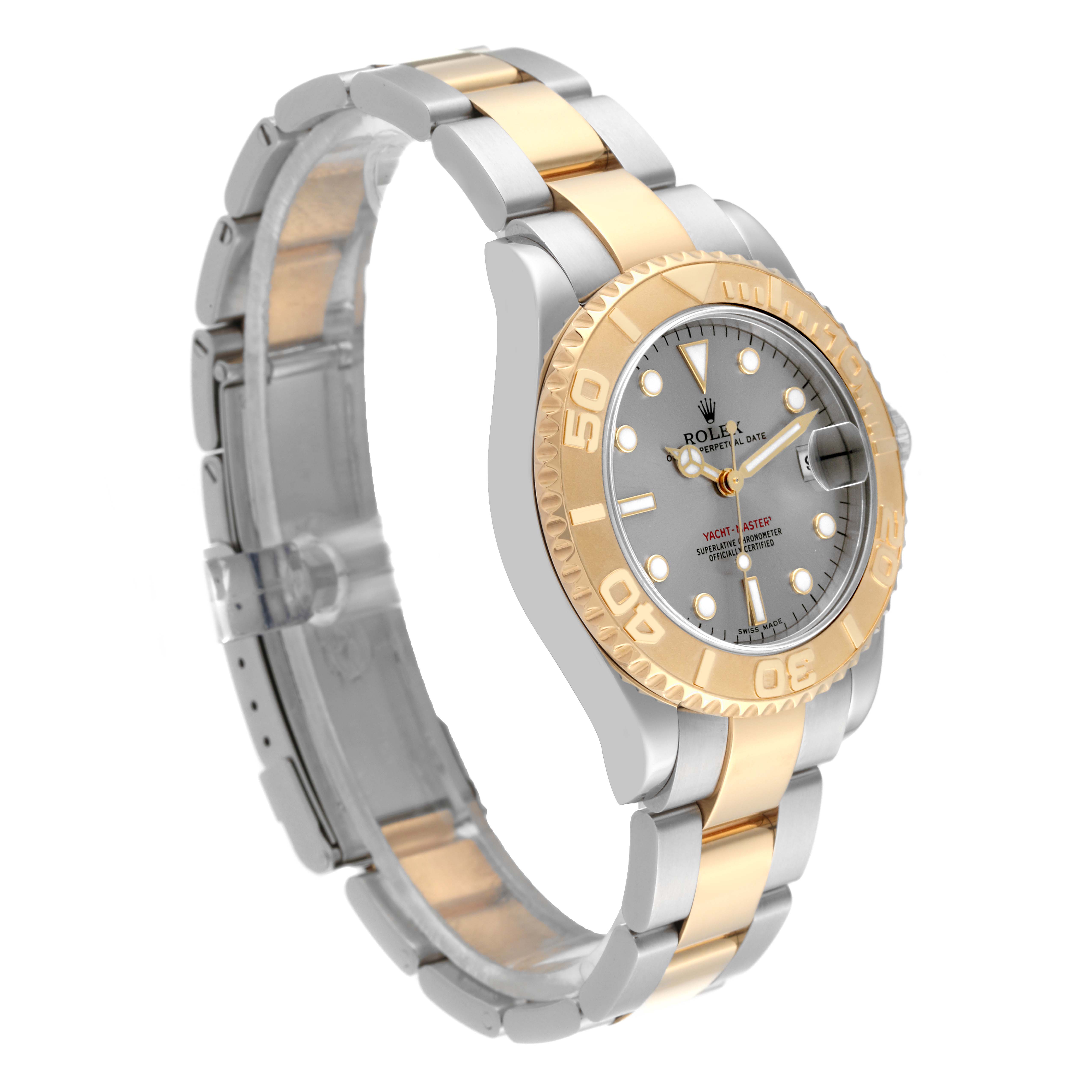 The Yacht-Master Rolex watch is shown at an angle displaying the face, bezel, and two-tone bracelet.