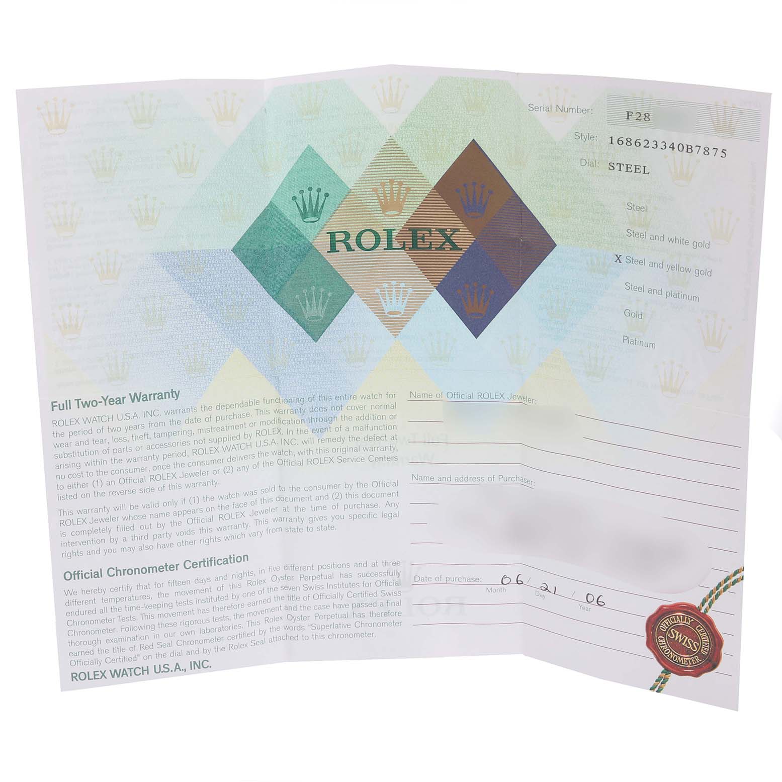 This is a warranty certificate for the Rolex Yacht-Master 168623 Men's Steel and Gold (two tone) Grey Dial 168623 Men's Steel and Gold (two tone) Grey Dial watch, displaying details and terms.