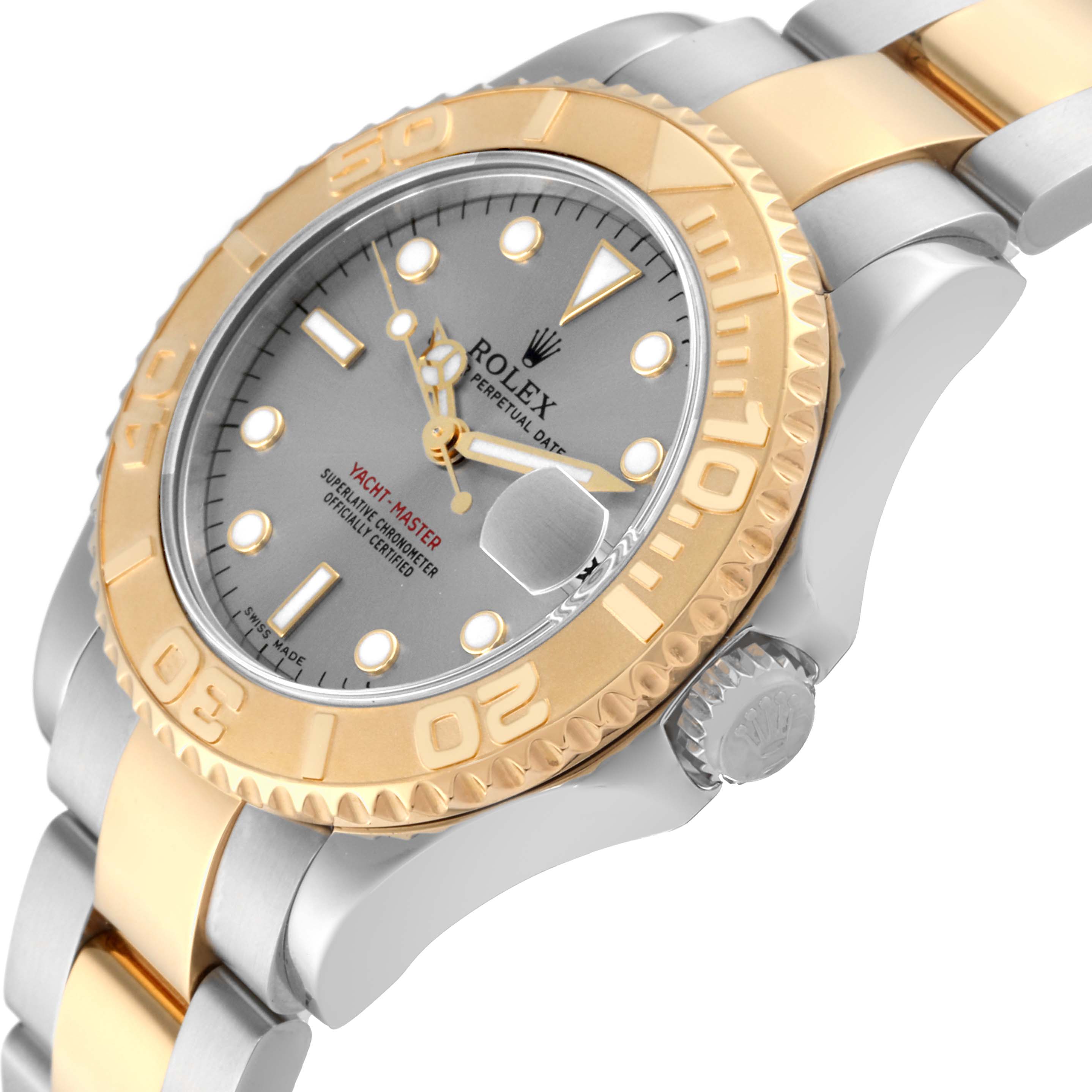The image shows a close-up 3/4 angle of the Rolex Yacht-Master 168623 Men's Steel and Gold (two tone) Grey Dial 168623 Men's Steel and Gold (two tone) Grey Dial watch, highlighting its two-tone bracelet, bezel, and crown.