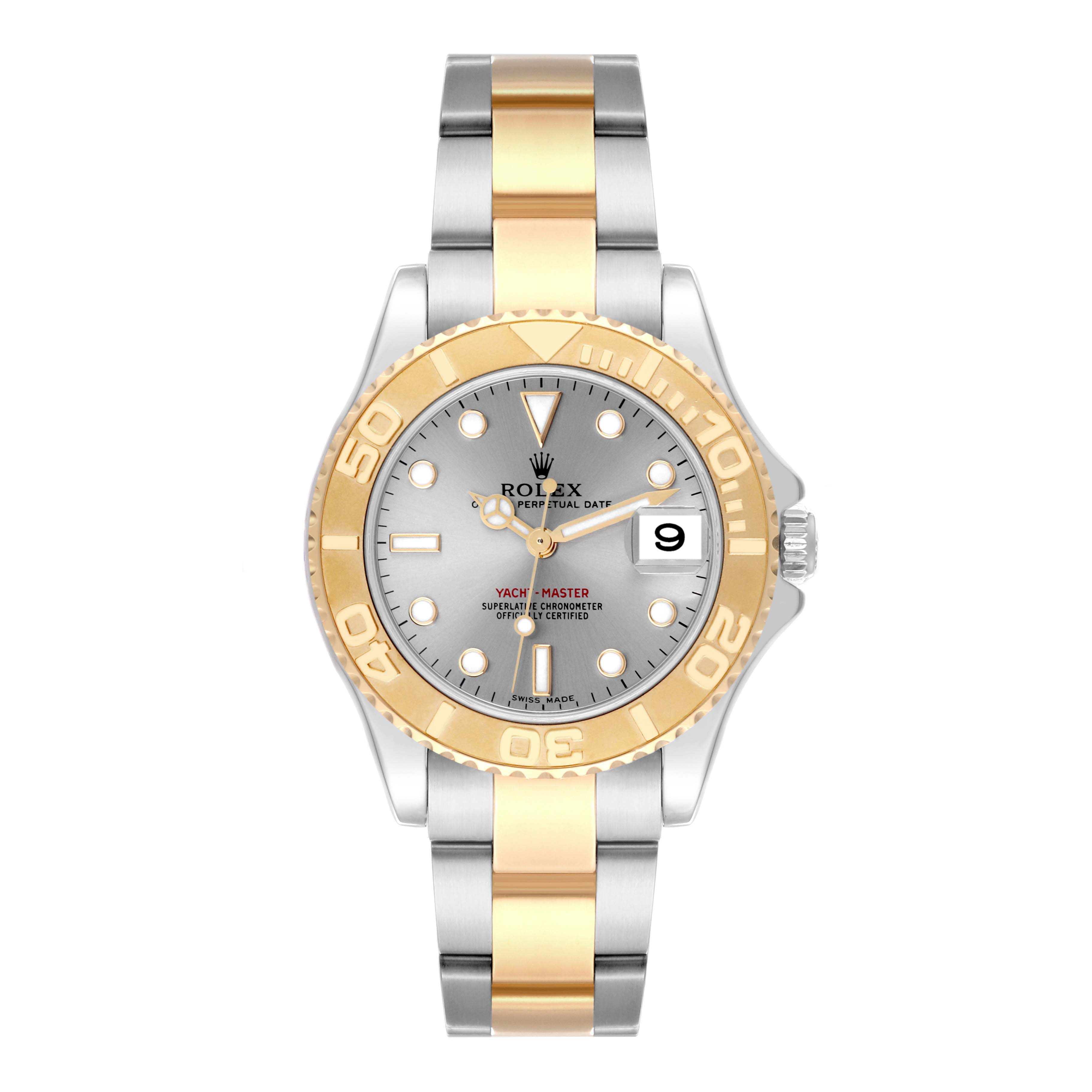 The Rolex Yacht-Master 168623 Men's Steel and Gold (two tone) Grey Dial 168623 Men's Steel and Gold (two tone) Grey Dial watch is shown from a top-down angle, displaying its gold bezel and two-tone bracelet.