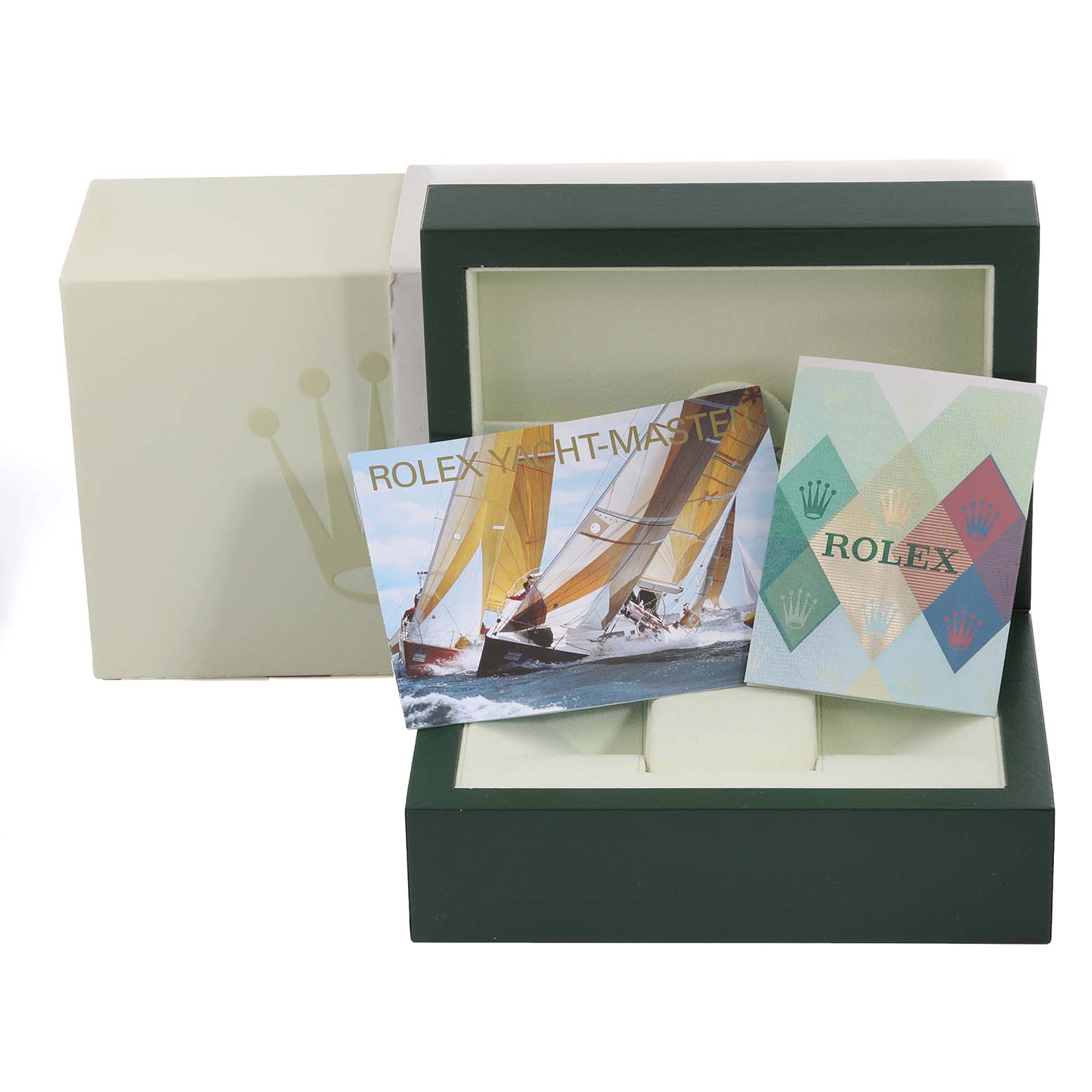 The image shows the packaging for a Rolex Yacht-Master 168623 Men's Steel and Gold (two tone) Grey Dial 168623 Men's Steel and Gold (two tone) Grey Dial watch, including the box, outer sleeve, and brochures.