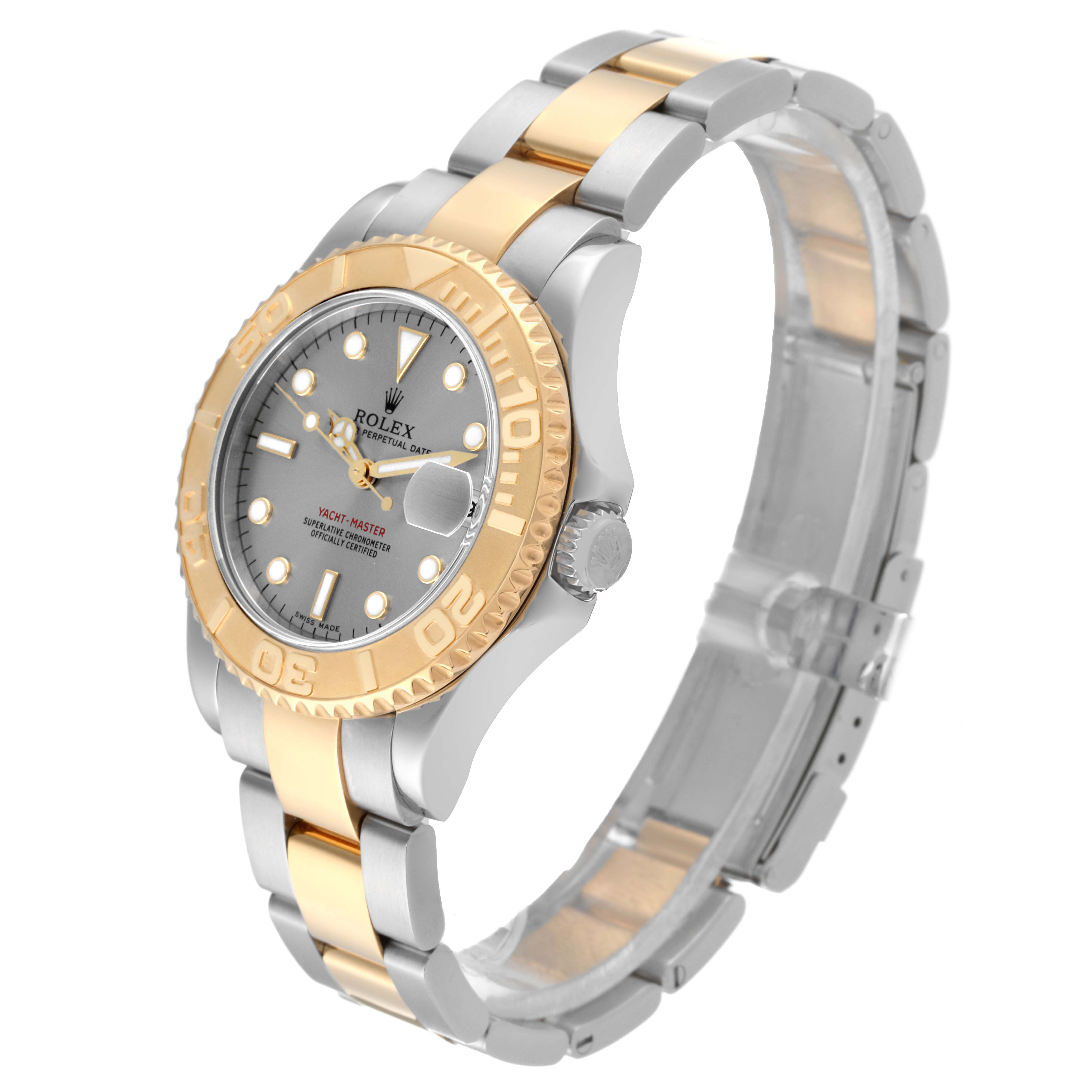 The Rolex Yacht-Master 168623 Men's Steel and Gold (two tone) Grey Dial 168623 Men's Steel and Gold (two tone) Grey Dial watch is shown at a slight angle, displaying its bezel, dial, case, crown, and bracelet.
