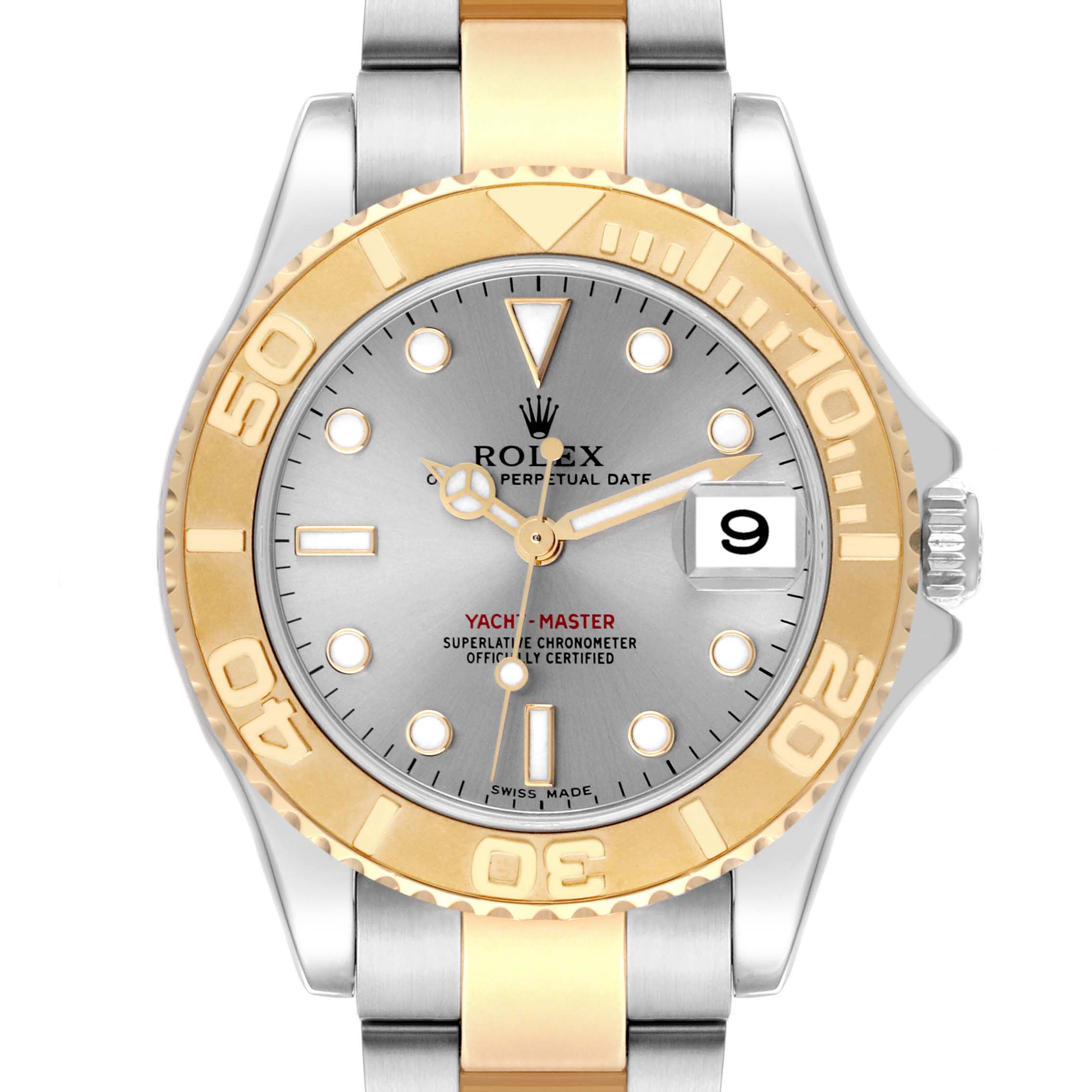 This image shows a front view of a Rolex Yacht-Master 168623 Men's Steel and Gold (two tone) Grey Dial 168623 Men's Steel and Gold (two tone) Grey Dial watch, highlighting its dial, bezel, and bracelet.