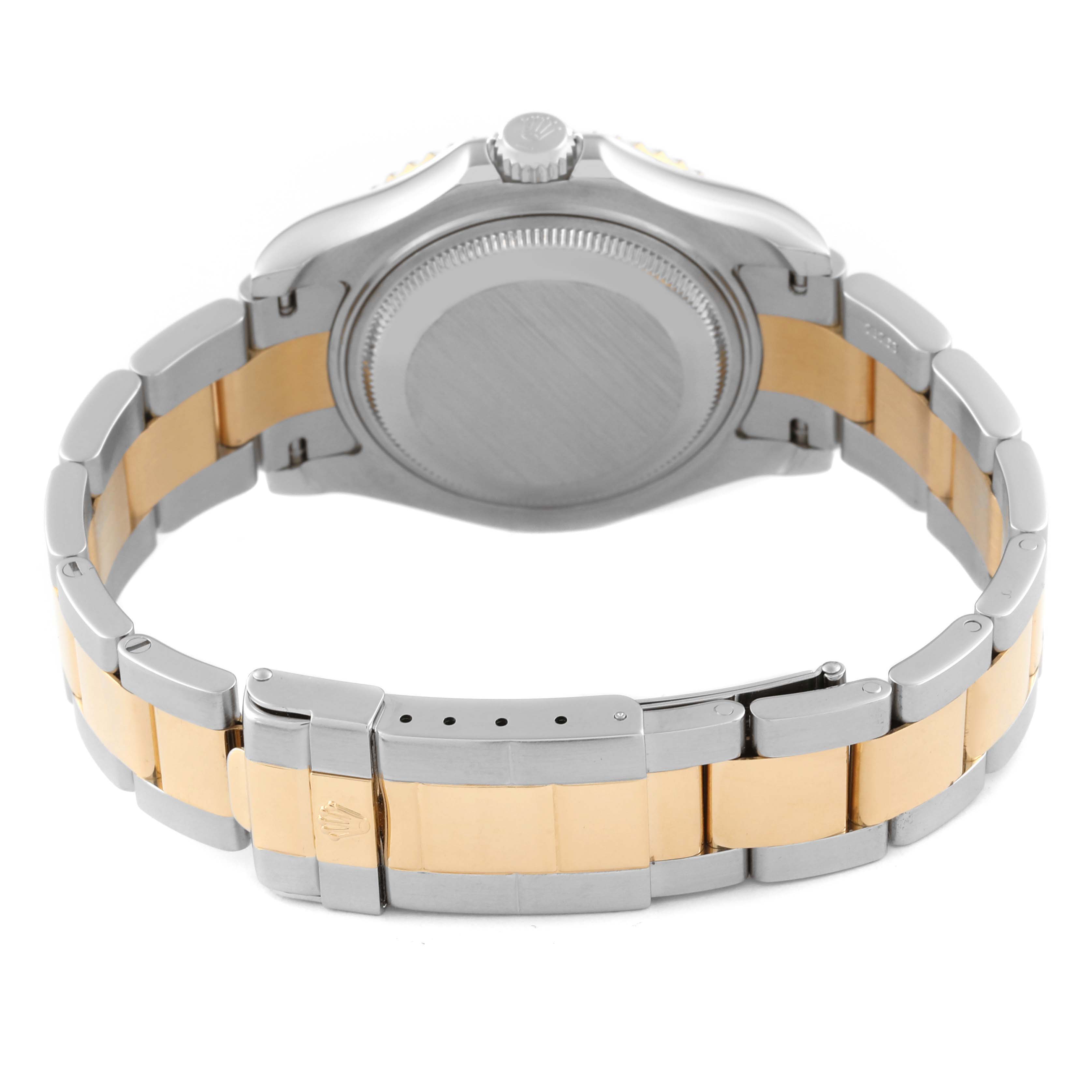 The image shows the back view of a Rolex Yacht-Master 168623 Men's Steel and Gold (two tone) Grey Dial 168623 Men's Steel and Gold (two tone) Grey Dial watch, highlighting its two-tone metal bracelet and clasp.