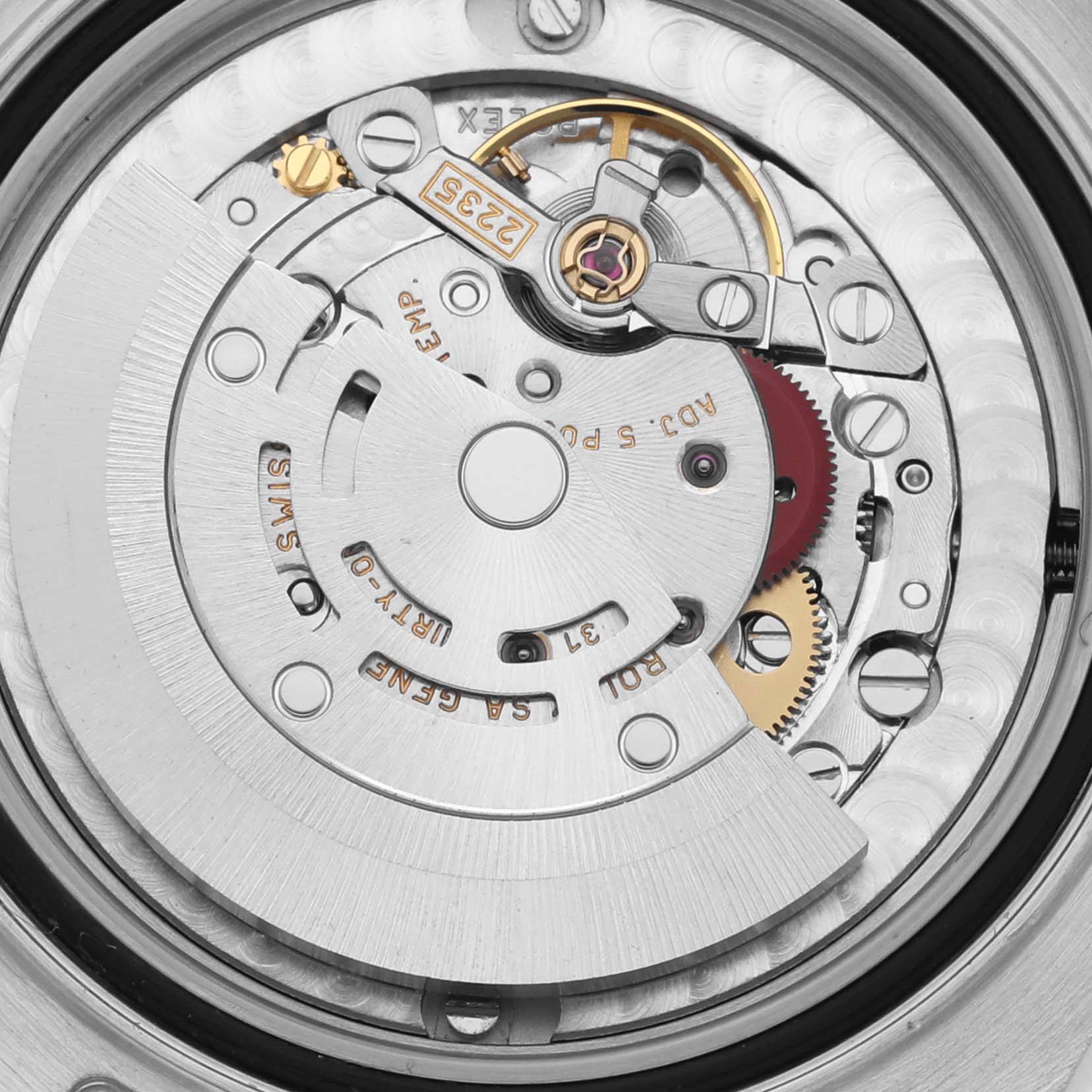 This image shows a close-up view of the internal movement mechanism of a Rolex Yacht-Master 168623 Men's Steel and Gold (two tone) Grey Dial 168623 Men's Steel and Gold (two tone) Grey Dial watch.