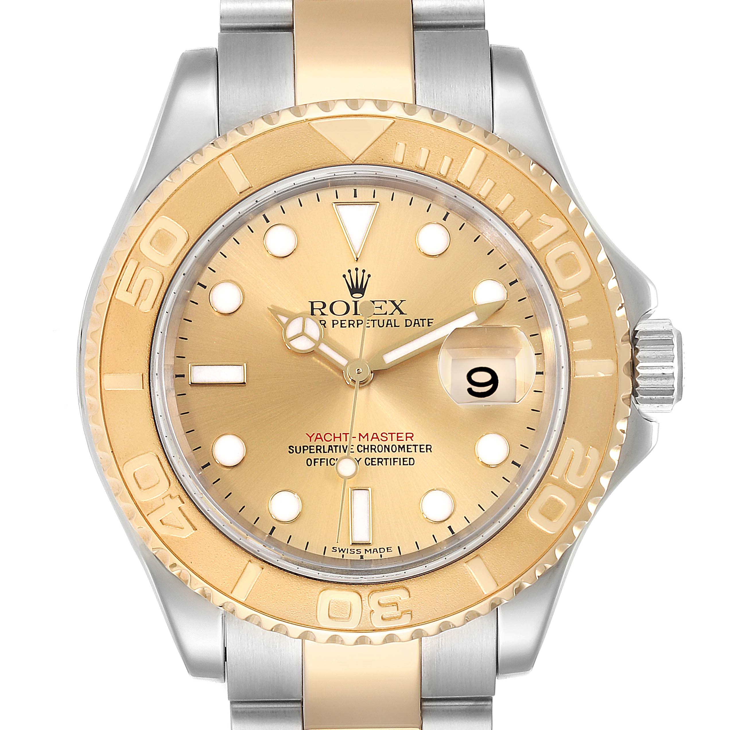 This image shows a Rolex Yacht-Master 16623 Men
s Steel and Gold (two tone) Champagne Dial 16623 Men
s Steel and Gold (two tone) Champagne Dial watch from a front view, highlighting its dial, bezel, crown, and part of the bracelet.