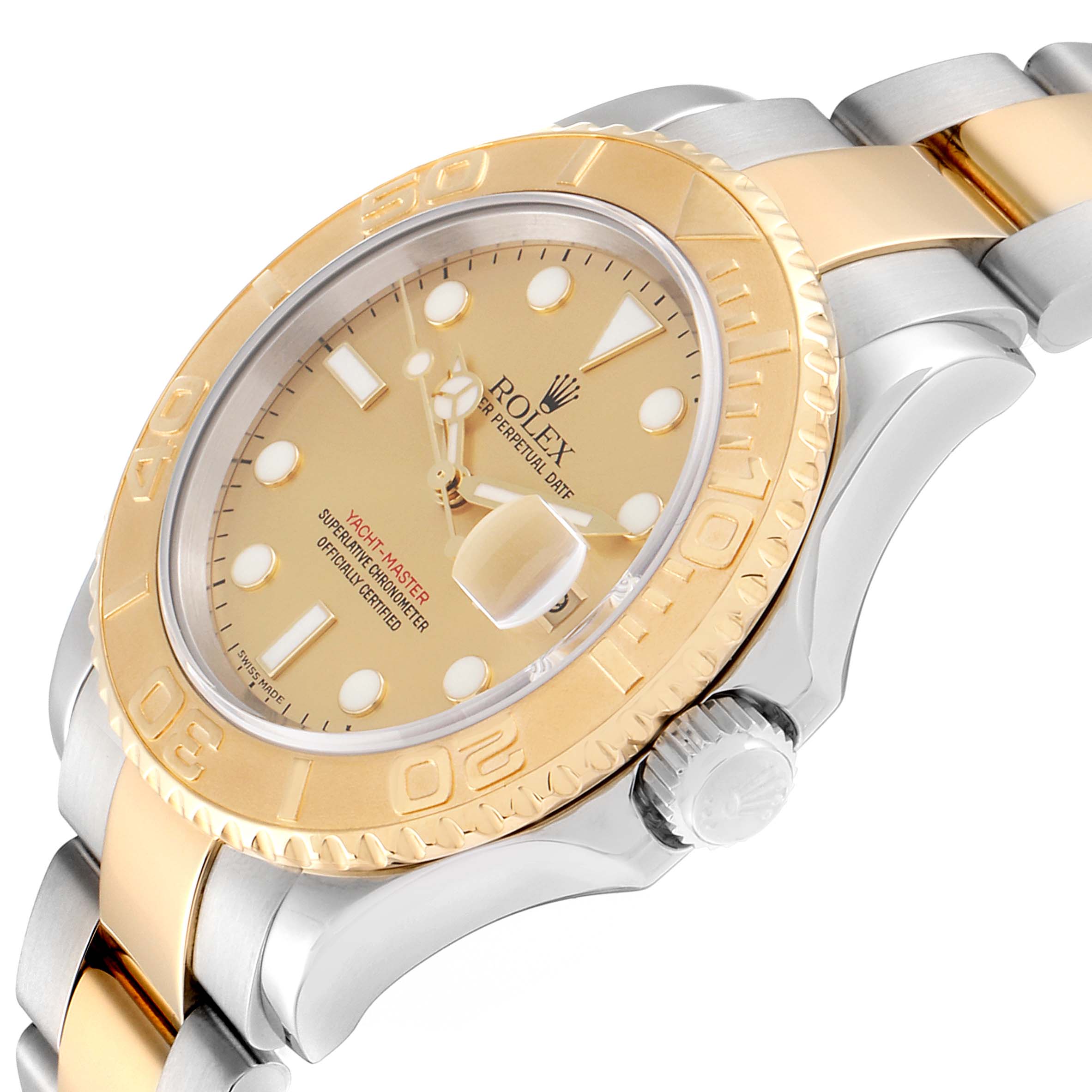 This image shows the face and bezel of a Rolex Yacht-Master 16623 Men
s Steel and Gold (two tone) Champagne Dial 16623 Men
s Steel and Gold (two tone) Champagne Dial watch at an angled view, highlighting its gold and silver design.