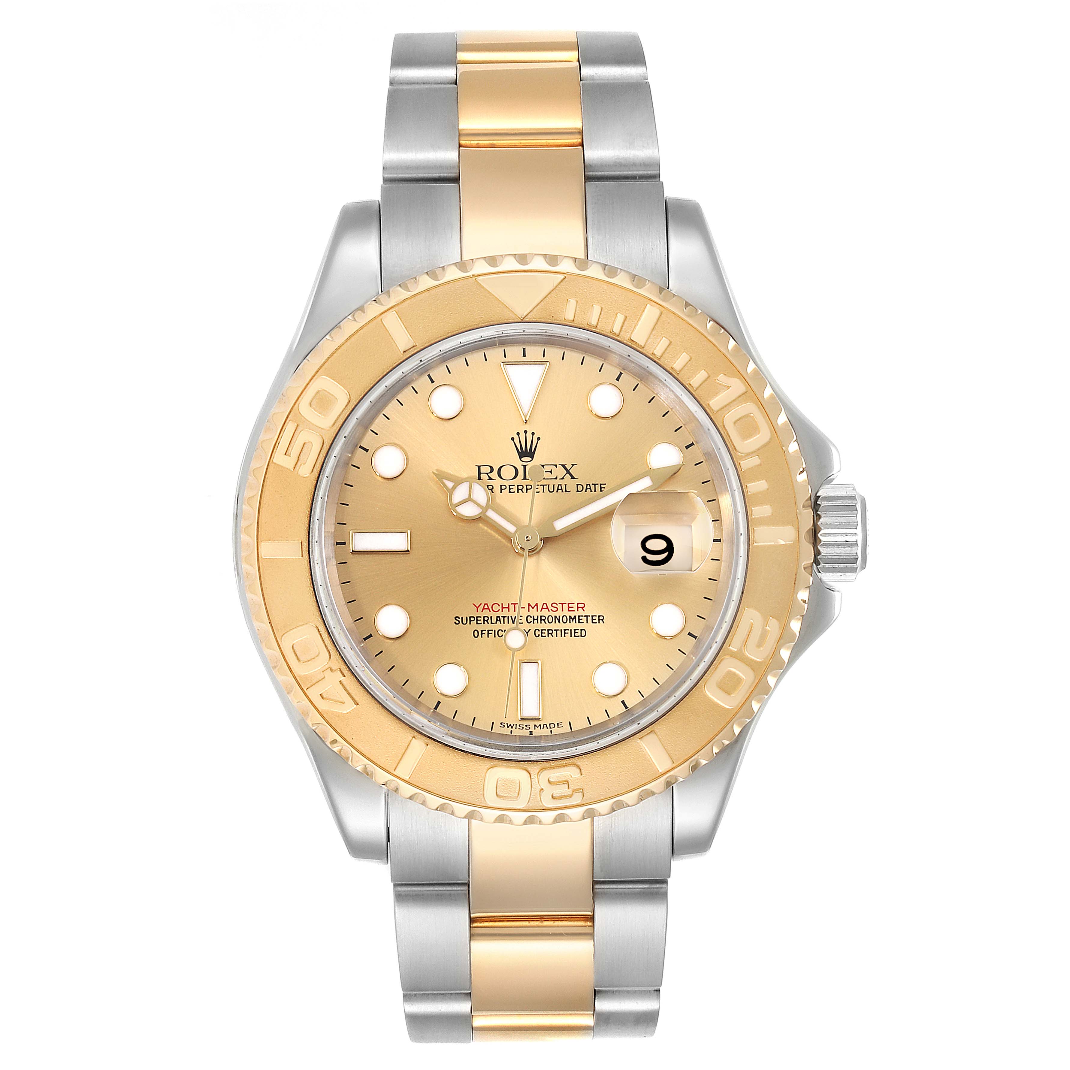 The Rolex Yacht-Master 16623 Men
s Steel and Gold (two tone) Champagne Dial 16623 Men
s Steel and Gold (two tone) Champagne Dial watch is shown from a front angle, featuring a gold bezel, dial, and a two-tone bracelet.