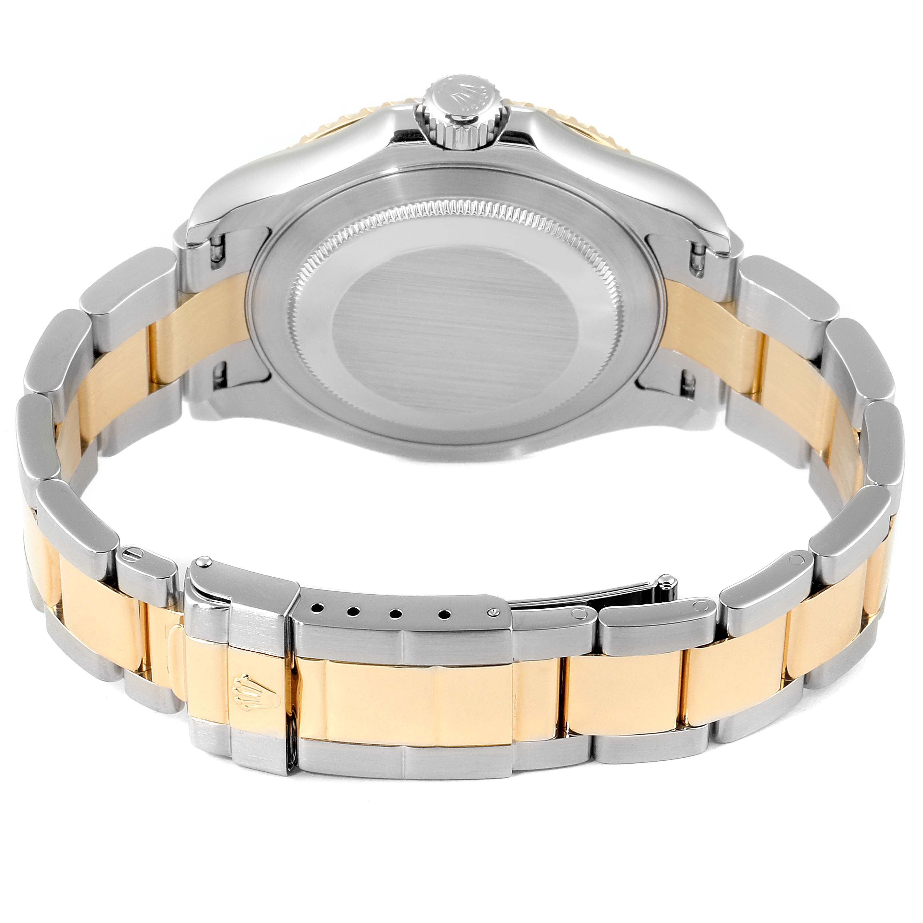 The image shows the case back and bracelet of a Rolex Yacht-Master 16623 Men
s Steel and Gold (two tone) Champagne Dial 16623 Men
s Steel and Gold (two tone) Champagne Dial watch from a rear angle.