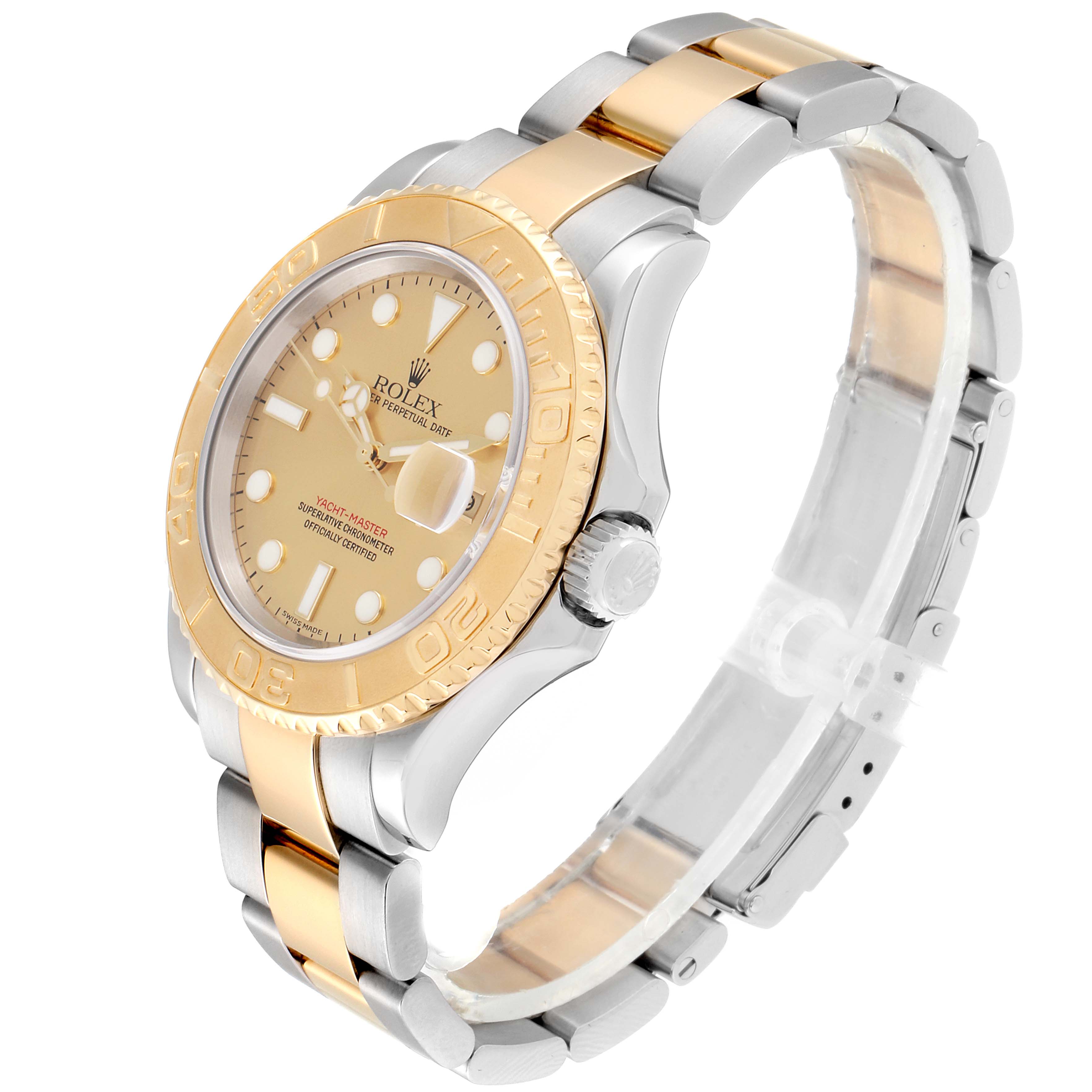 This image shows a Rolex Yacht-Master 16623 Men
s Steel and Gold (two tone) Champagne Dial 16623 Men
s Steel and Gold (two tone) Champagne Dial watch at a 3/4 angle, highlighting the dial, case, and two-tone bracelet.