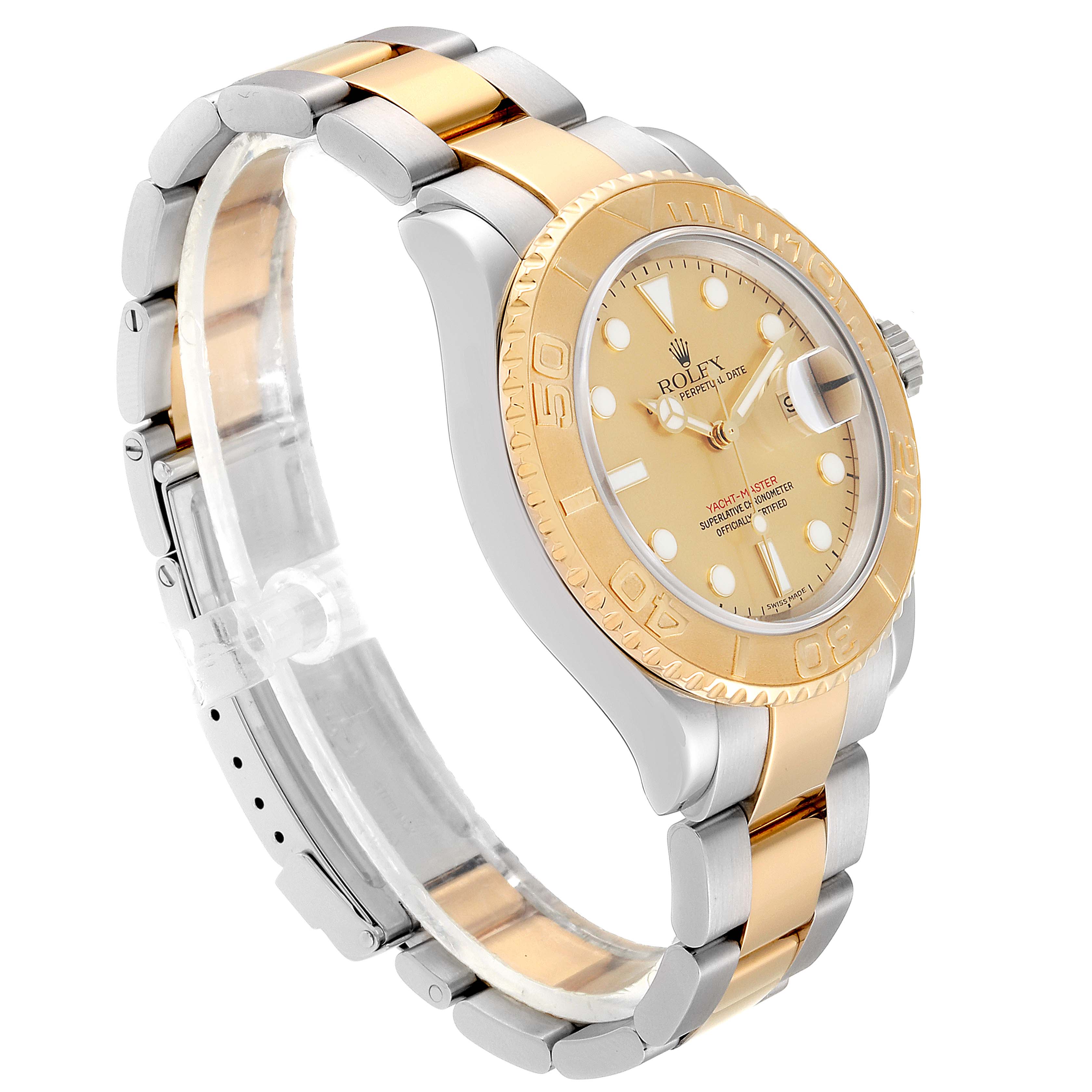 The Rolex Yacht-Master 16623 Men
s Steel and Gold (two tone) Champagne Dial 16623 Men
s Steel and Gold (two tone) Champagne Dial watch is shown from a side angle, highlighting the two-tone bracelet, bezel, and dial.