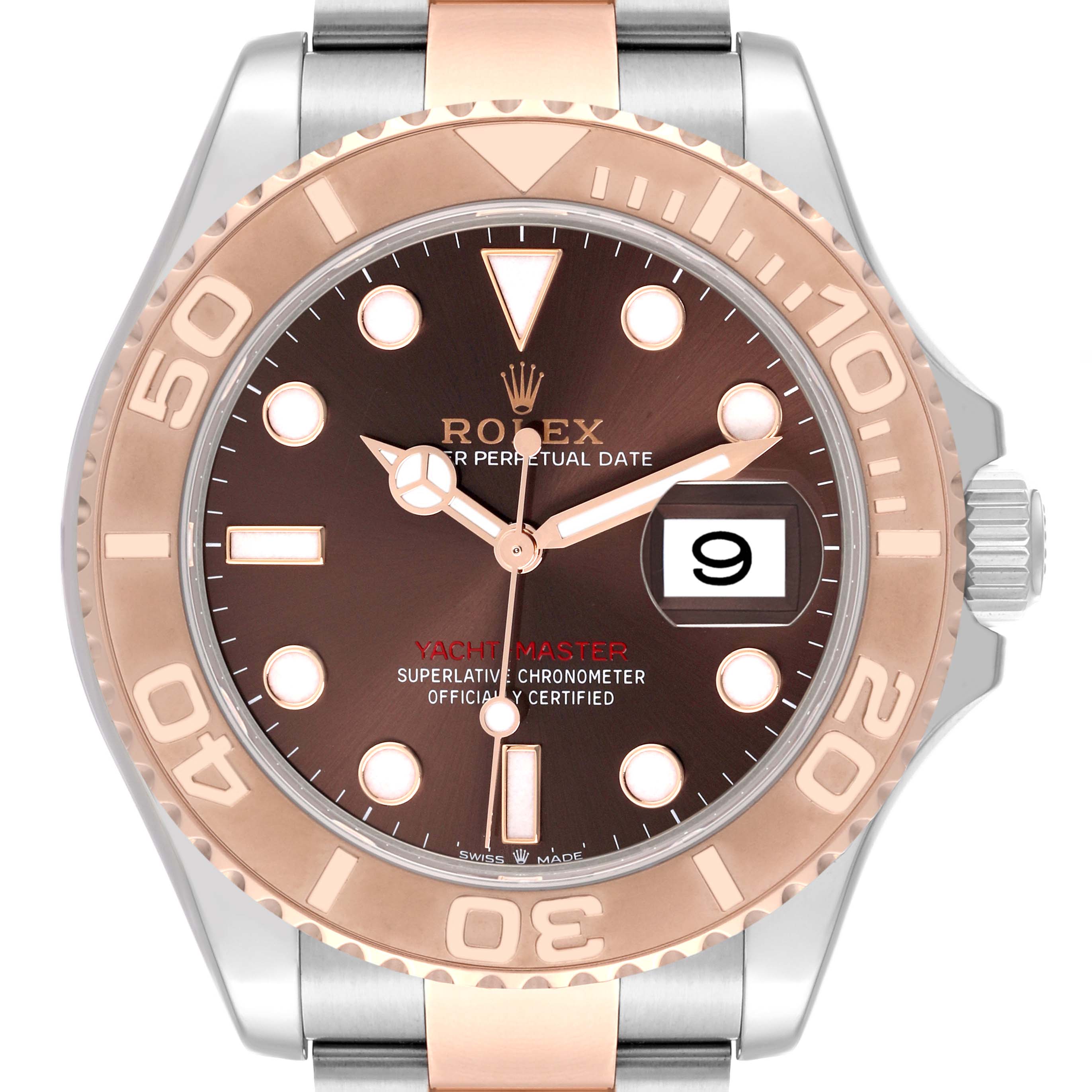This image shows a front view of the Rolex Yacht-Master 126621 Men's Steel and Gold (two tone) Brown Dial 126621 Men's Steel and Gold (two tone) Brown Dial watch, highlighting its dial, bezel, and date display.