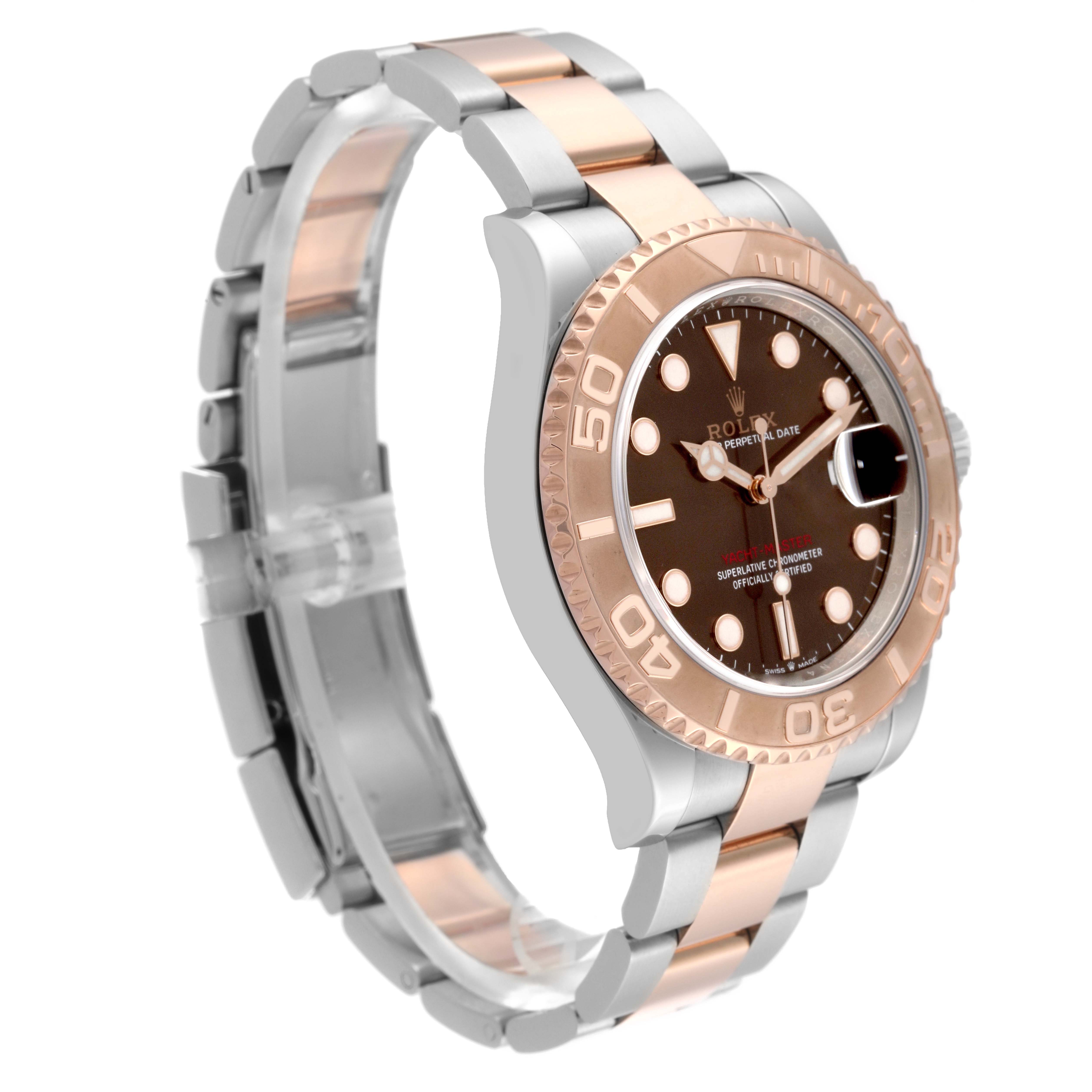 This image shows a Rolex Yacht-Master 126621 Men's Steel and Gold (two tone) Brown Dial 126621 Men's Steel and Gold (two tone) Brown Dial watch from a side angle, highlighting its two-tone bracelet and bezel.
