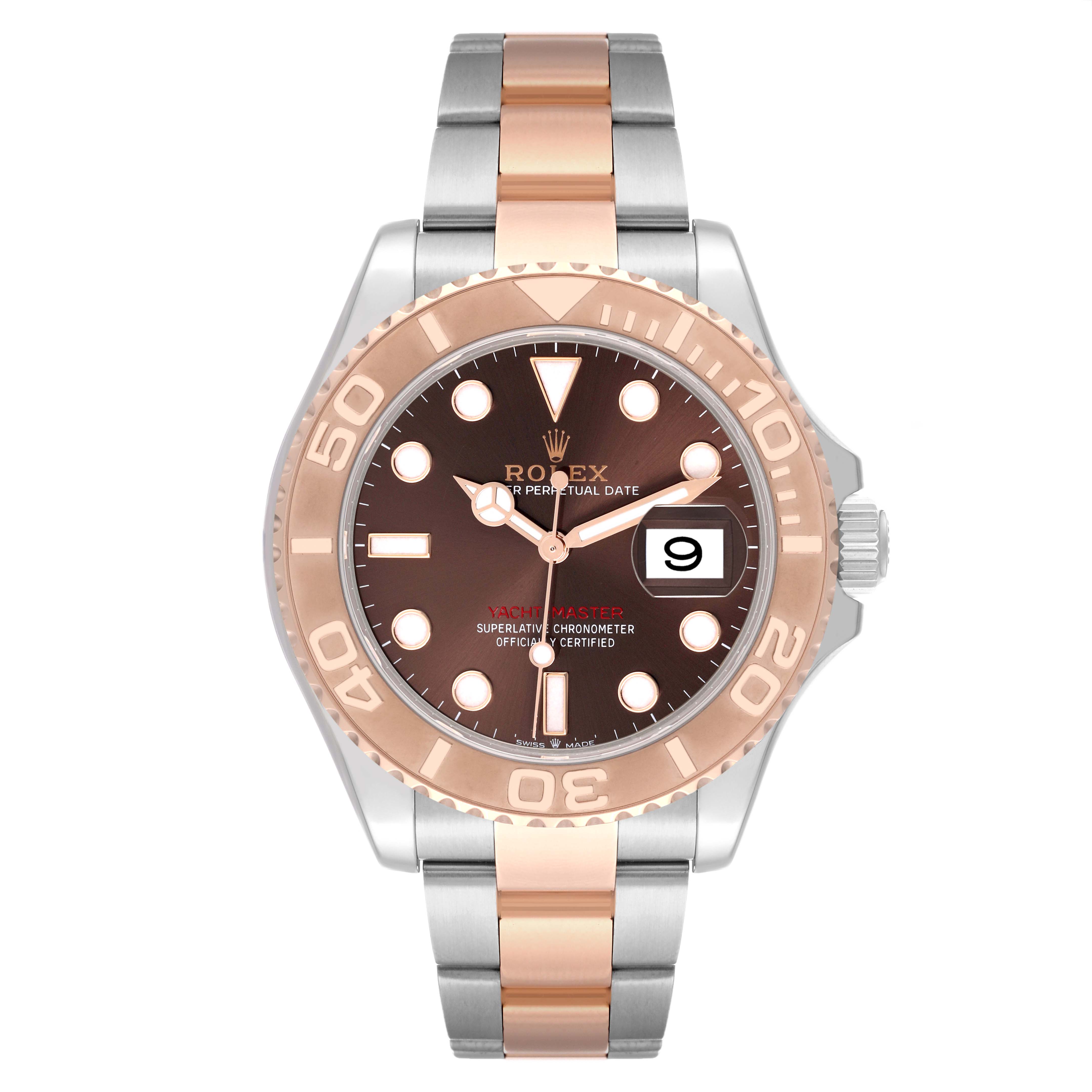The image shows a front view of a Rolex Yacht-Master 126621 Men's Steel and Gold (two tone) Brown Dial 126621 Men's Steel and Gold (two tone) Brown Dial watch, displaying the dial, bezel, bracelet, and crown.