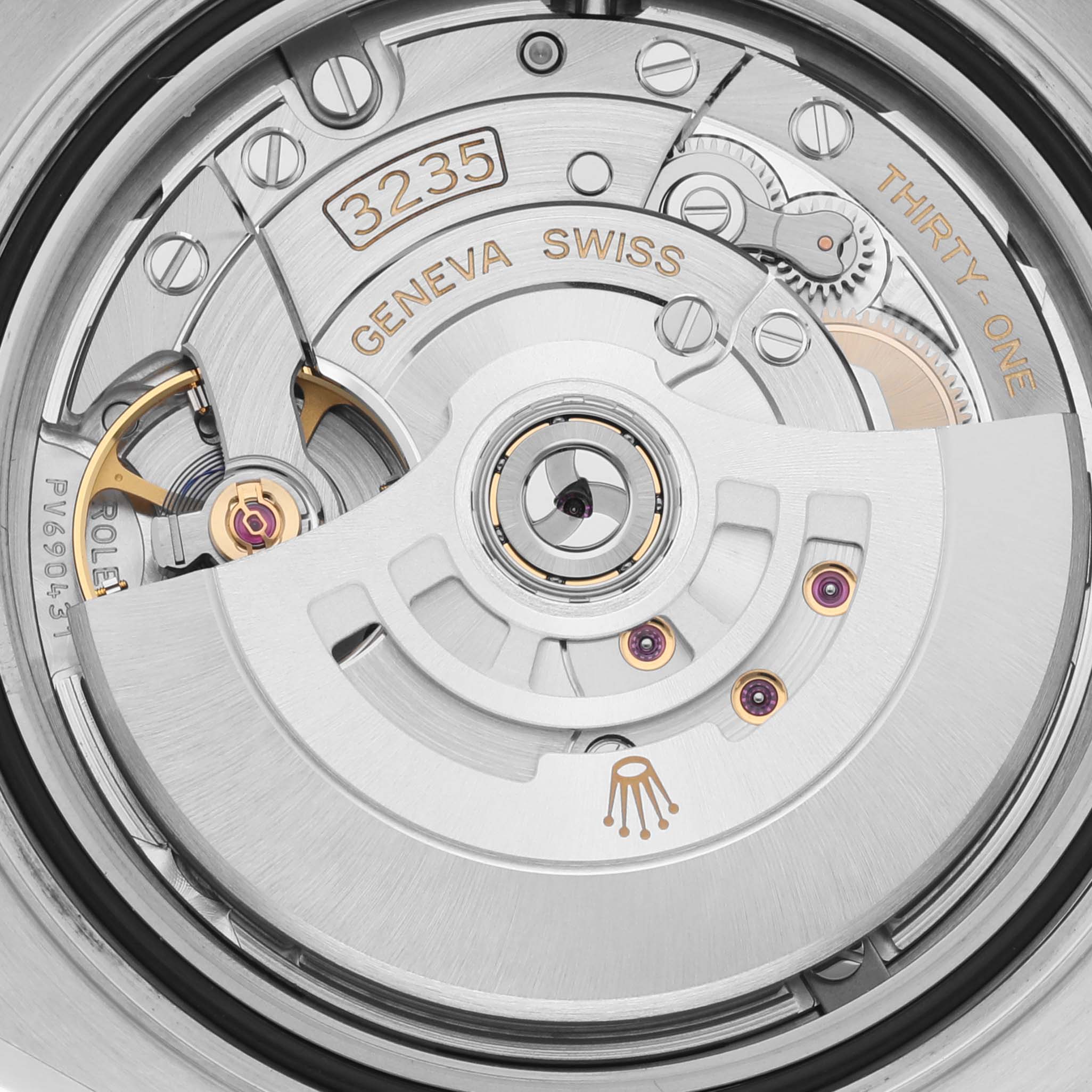 This is a close-up of the movement mechanism of a Rolex Yacht-Master 126621 Men's Steel and Gold (two tone) Brown Dial 126621 Men's Steel and Gold (two tone) Brown Dial watch, showcasing its intricate internal components.