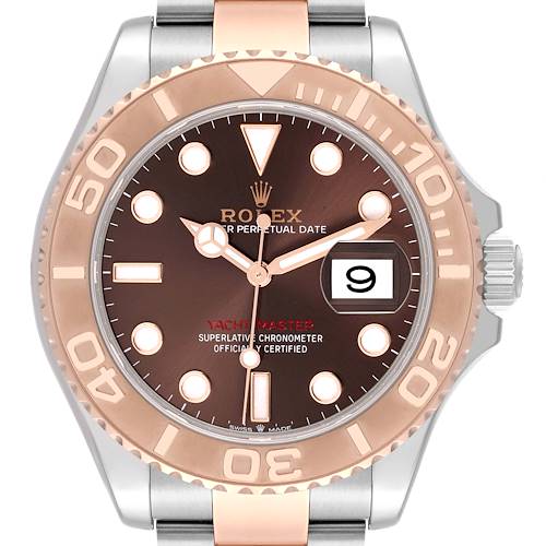 This image shows a front view of the Rolex Yacht-Master watch, highlighting its brown dial, date window, and two-tone bezel.