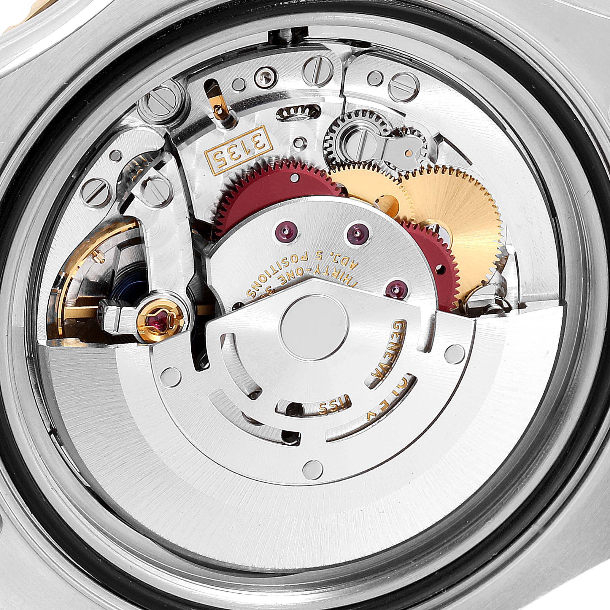 The image shows the intricate internal mechanism of the Rolex Yacht-Master 16623 Men's Steel and Gold (two tone) White Dial 16623 Men's Steel and Gold (two tone) White Dial model, viewed from the back.