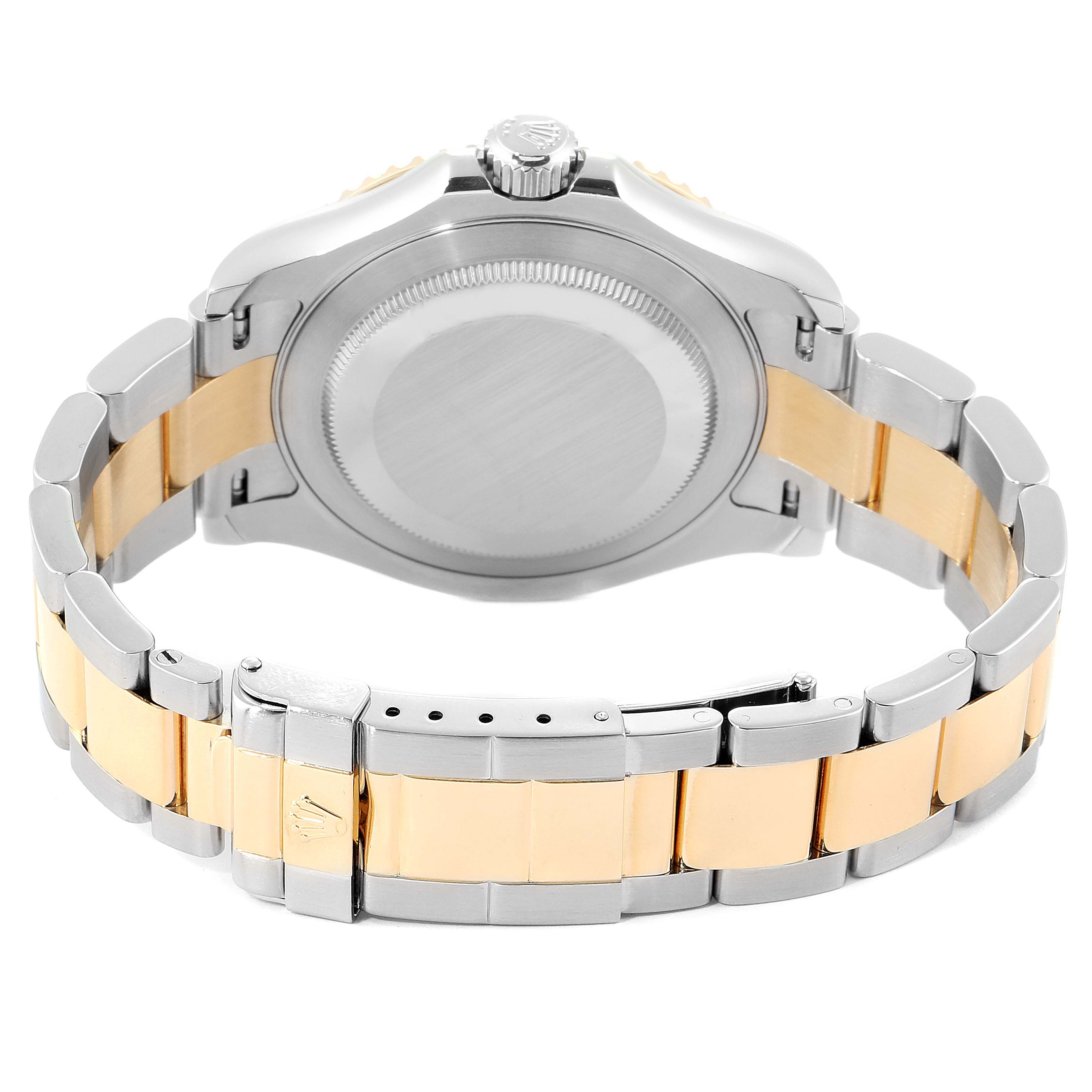 The Rolex Yacht-Master 16623 Men's Steel and Gold (two tone) White Dial 16623 Men's Steel and Gold (two tone) White Dial watch is shown from the back, highlighting the case back and two-tone bracelet.