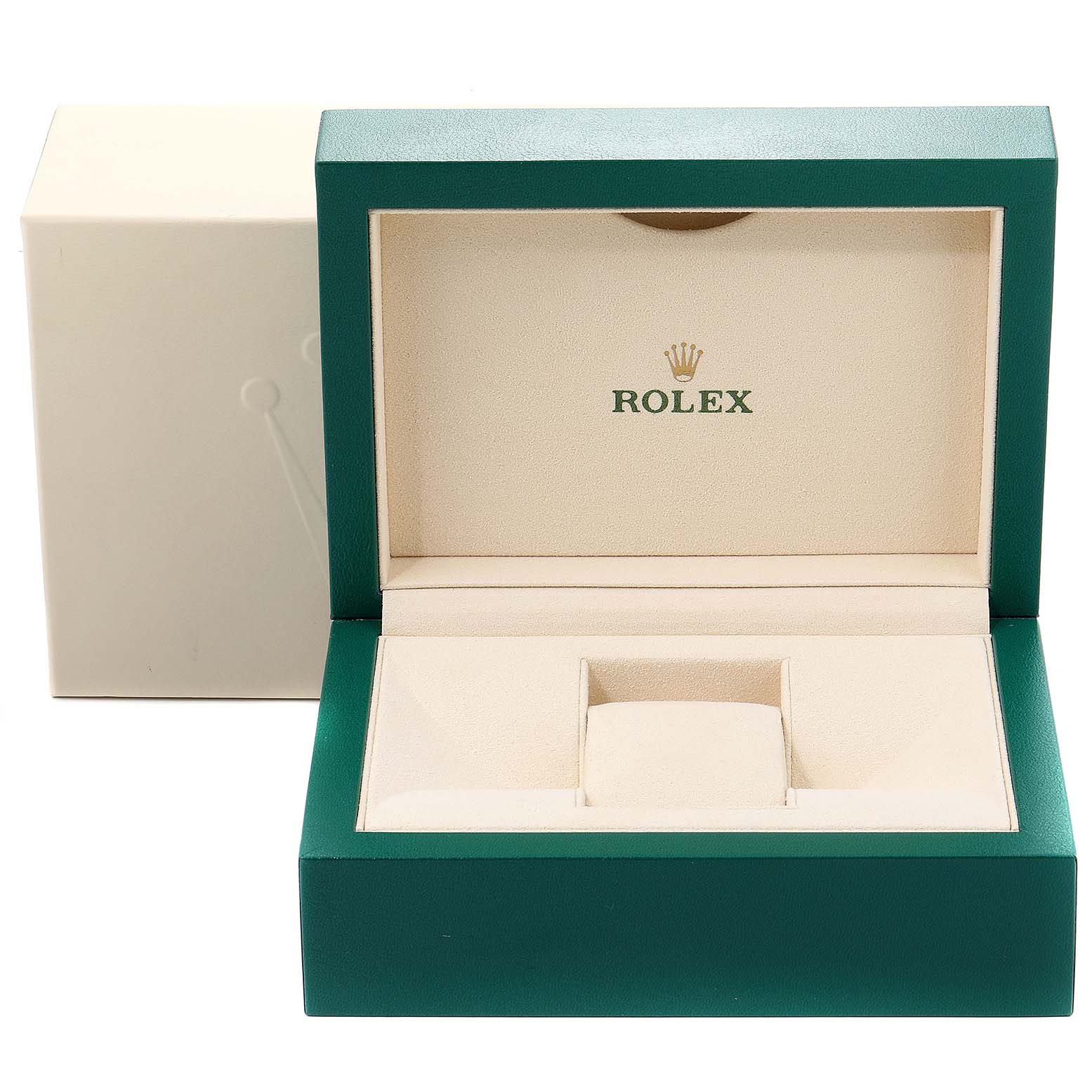 The image shows the open box for the Rolex Yacht-Master 16623 Men's Steel and Gold (two tone) White Dial 16623 Men's Steel and Gold (two tone) White Dial watch, displaying the interior cushion and brand logo.