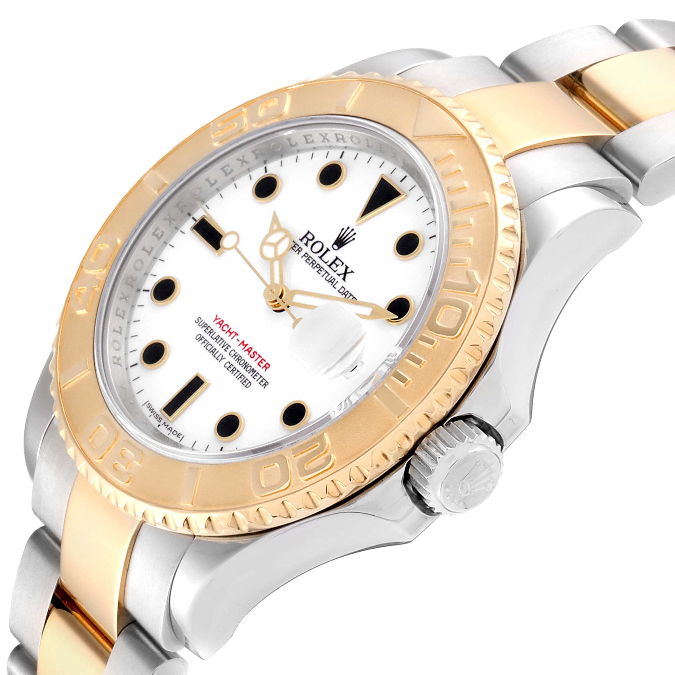 The Rolex Yacht-Master 16623 Men's Steel and Gold (two tone) White Dial 16623 Men's Steel and Gold (two tone) White Dial watch is shown at an angle highlighting the bezel, crown, bracelet, and dial with markers.