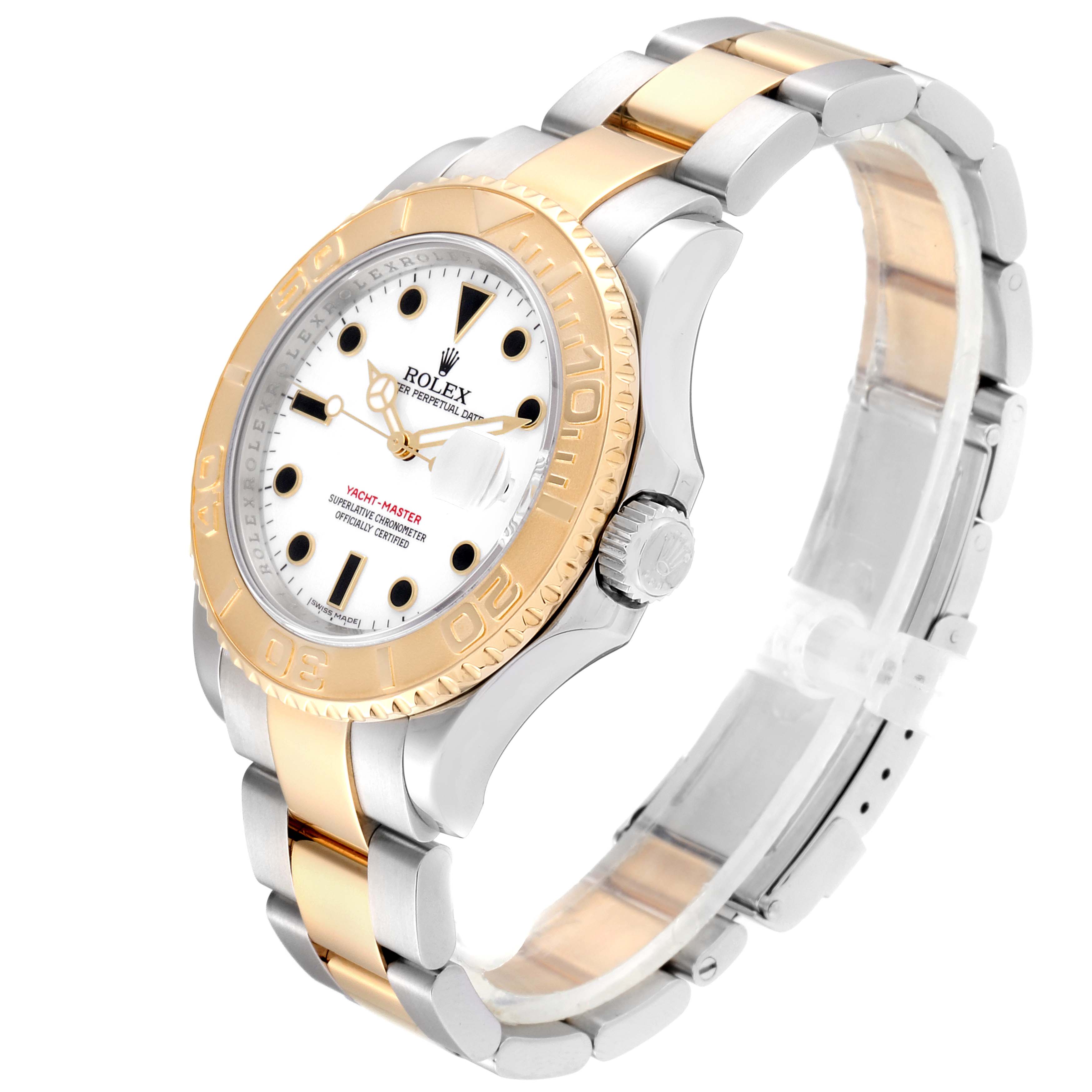 The Yacht-Master by Rolex is shown from an angled perspective, highlighting its dual-tone bracelet, bezel, and crown.