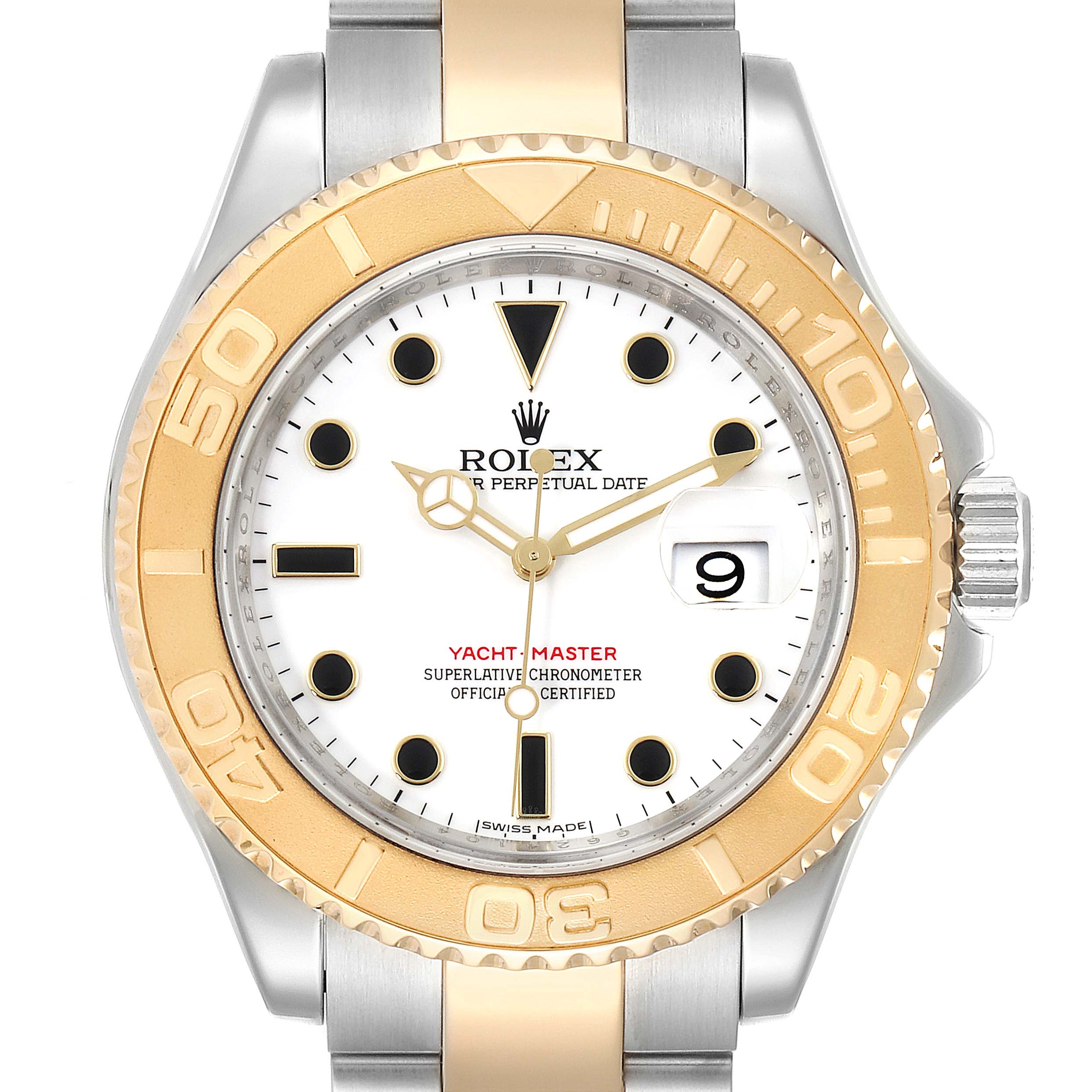 This image shows a front view of the Rolex Yacht-Master 16623 Men's Steel and Gold (two tone) White Dial 16623 Men's Steel and Gold (two tone) White Dial watch, highlighting the bezel, dial, hands, and date window.