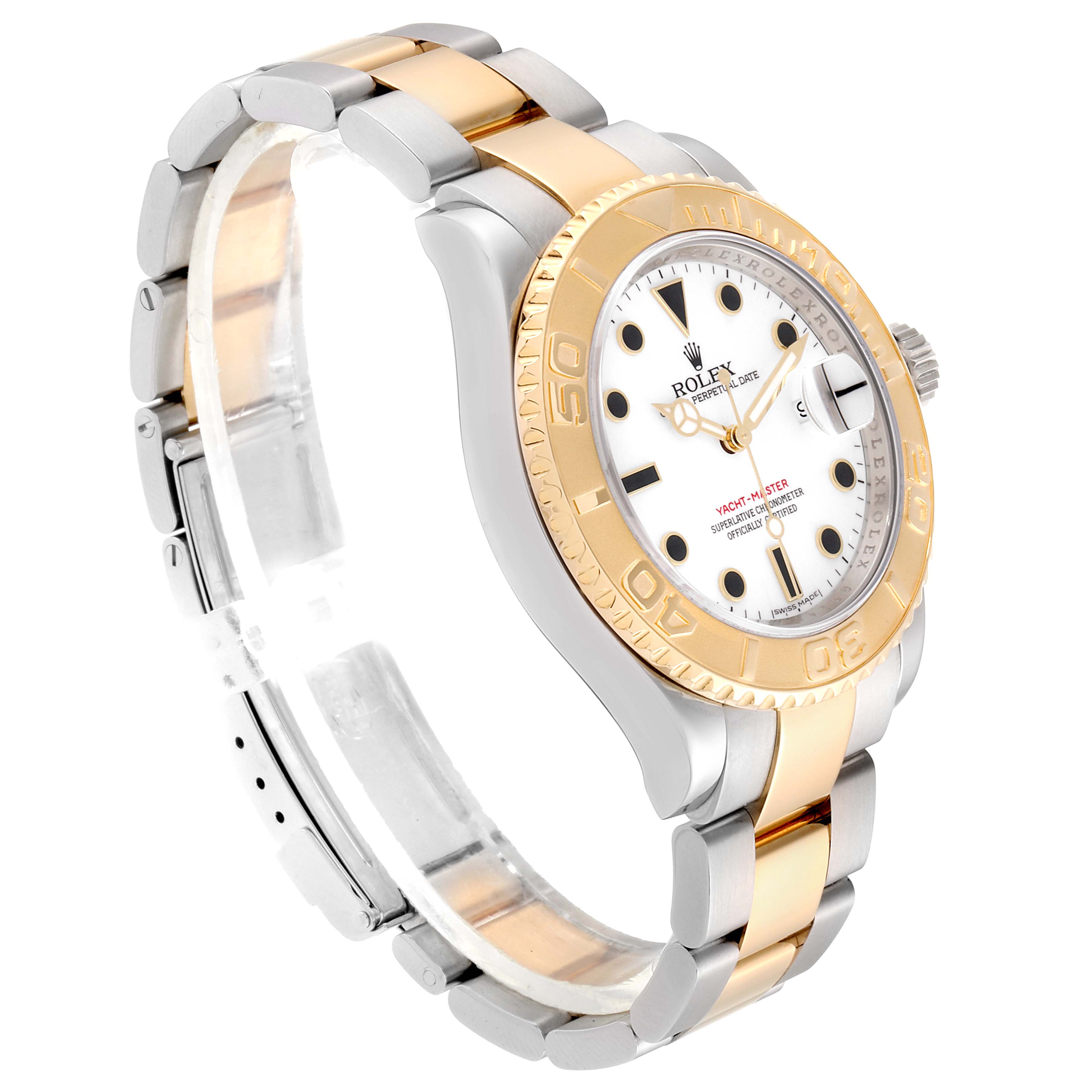 The Rolex Yacht-Master 16623 Men's Steel and Gold (two tone) White Dial 16623 Men's Steel and Gold (two tone) White Dial watch is shown at a slight angle, displaying its gold bezel, white dial, and two-tone bracelet.